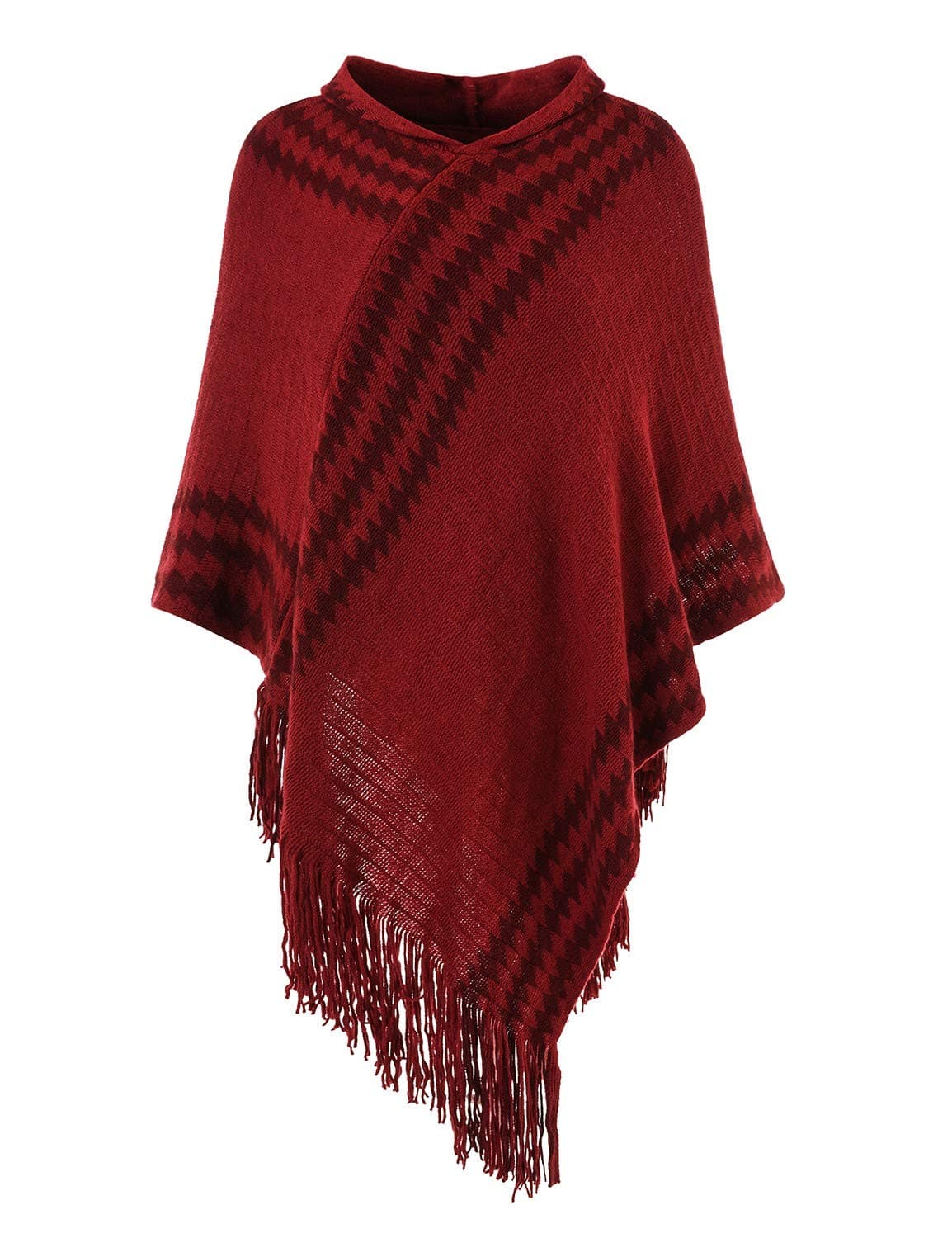 Women's Hooded Zigzag Striped Knit Cape Poncho Sweater with Fringes