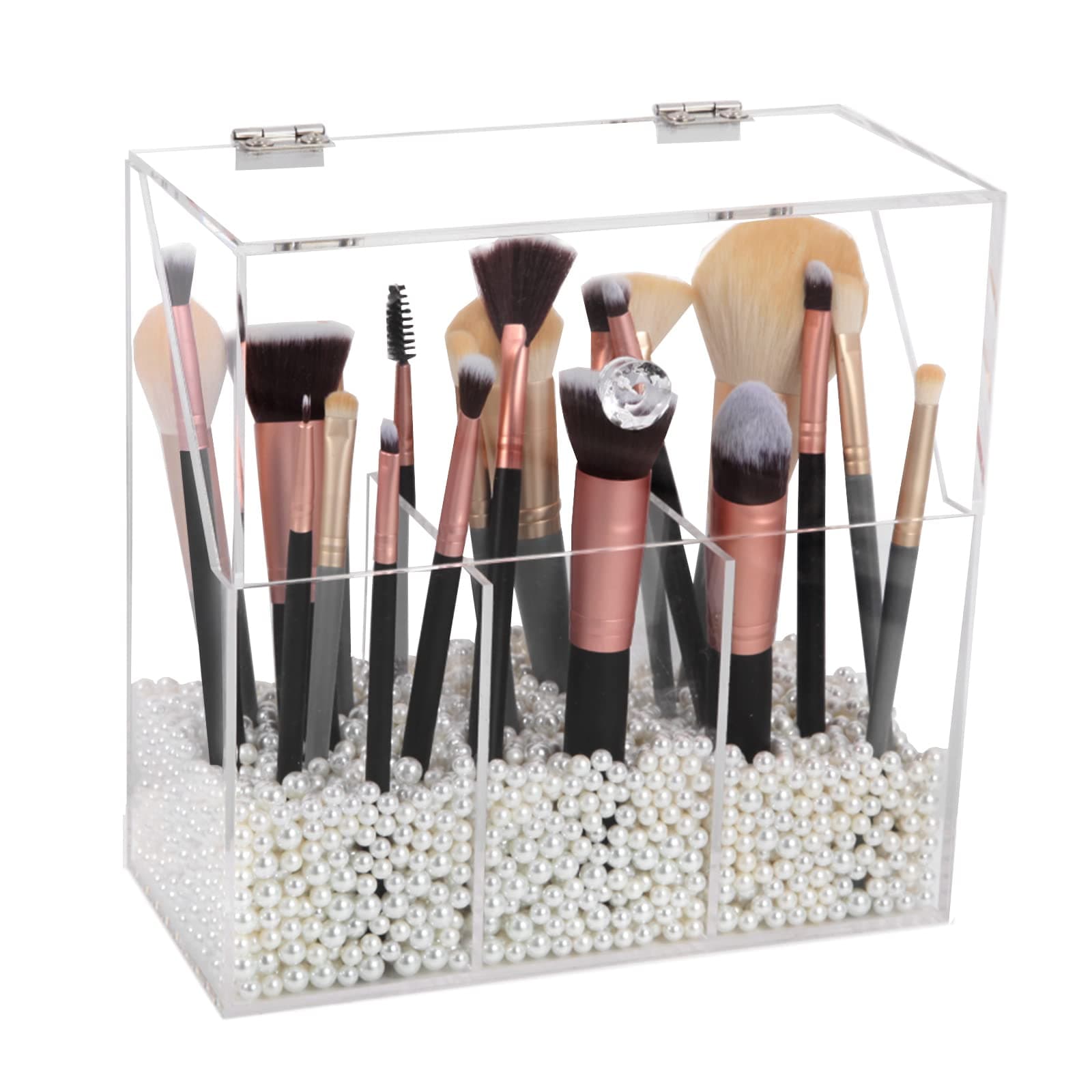 VevittsAcrylic Makeup Brush Holder, Clear Cosmetic Brush Storage Box 3 Brush Holders, Makeup Brush Case with Dust Cover, Large-Capacity Split Design for Organize the Vanity Desk (No pearl and brush)