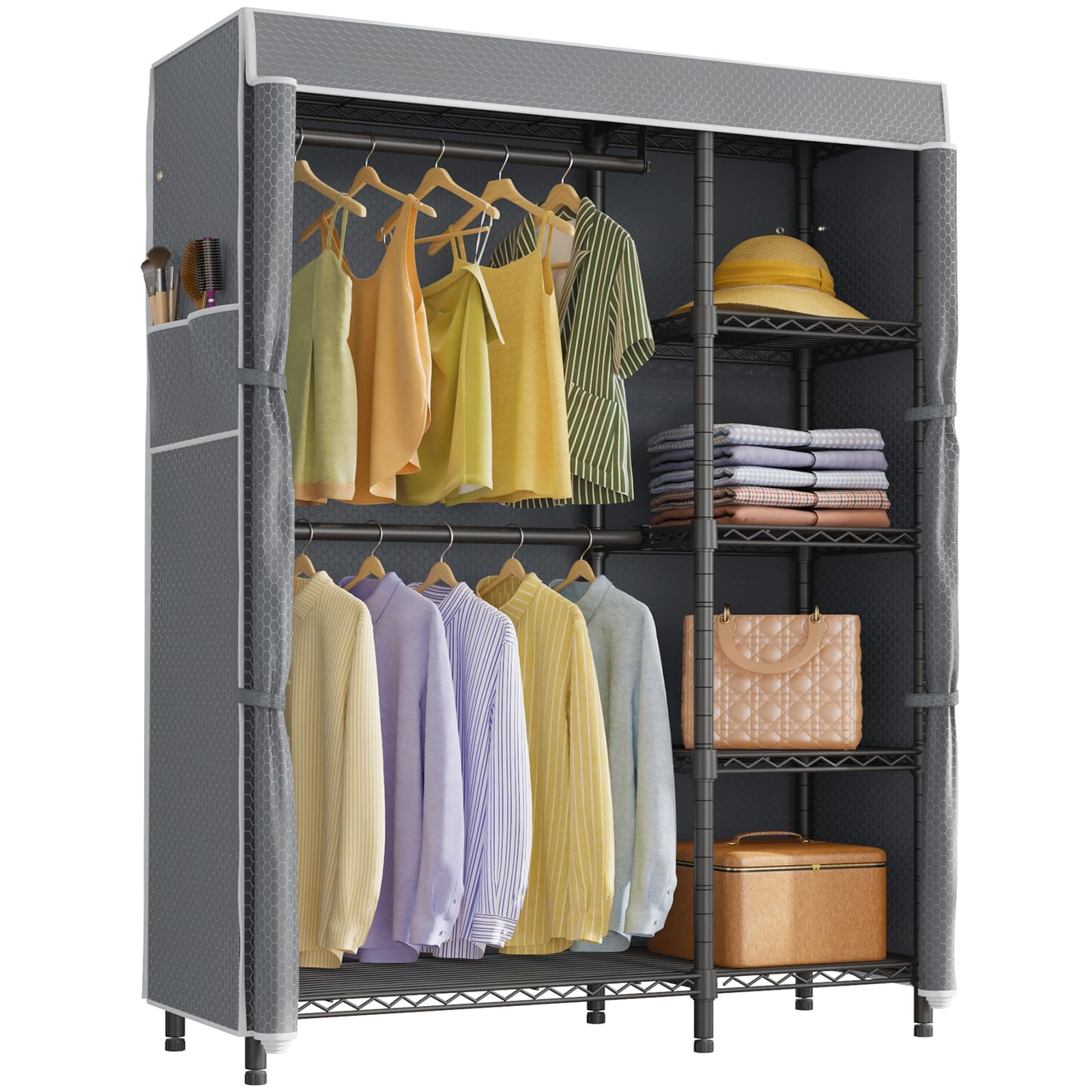 VIPEK V7C Garment Racks with Cover Portable Closets for Hanging Clothes, Heavy Duty Clothes Rack with Shelves Metal Closet Wardrobe, Max 670lbs, Black Rack with Grey Upgraded Polyester Cover