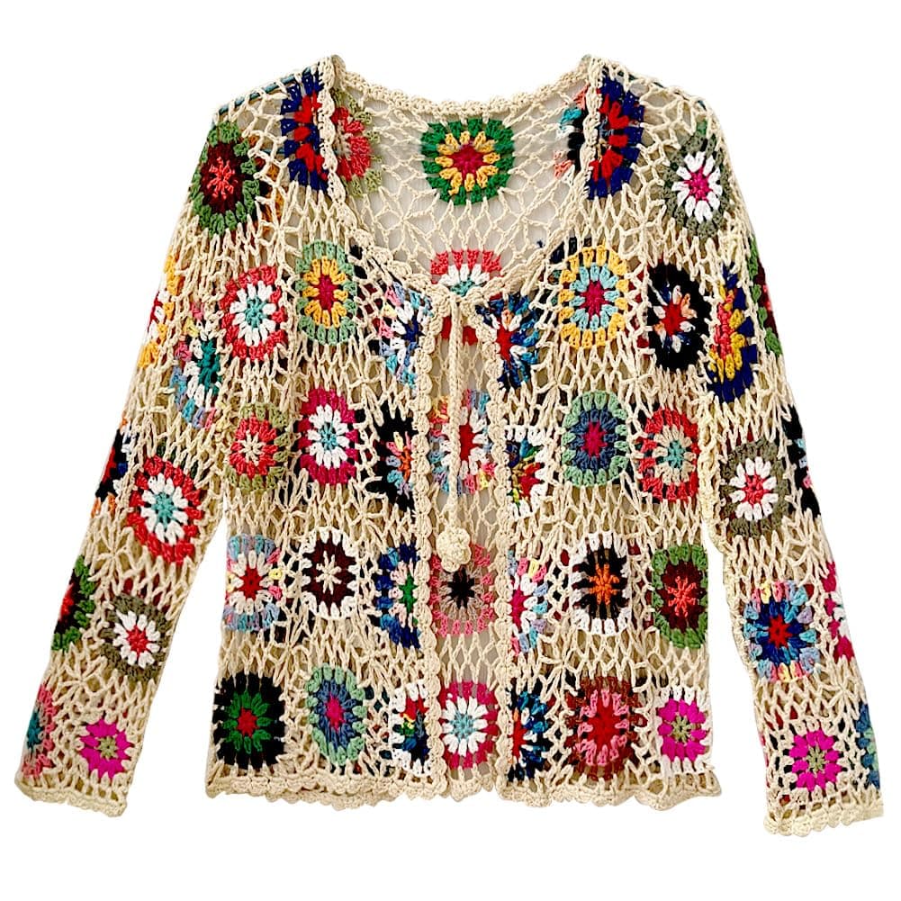 SMDPPWDBBCrochet Sweater Cardigan African Flower Granny Square Knit Shrug Handmade Long Sleeve Knitted Multicolor Open Front Cardigan