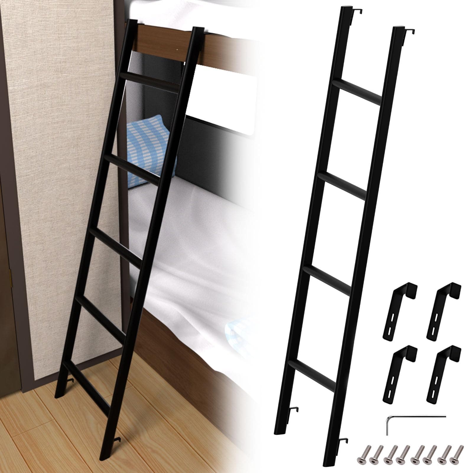 RV Bunk Bed Ladder 55", Heavy Duty Travel Trailer Bed Ladders with 4 Hook and Foot Caps, Metal Twin Bed Step Ladder for Home Dorm Appartments, Load 330 LBS (55inch / 140cm, Black)