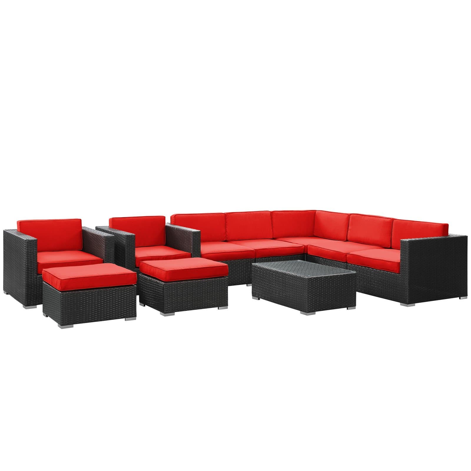LexMod EEI-826-EXP-RED-SET Avia Outdoor Wicker Patio 10-Piece Sectional Sofa Set in Espresso with Red Cushions