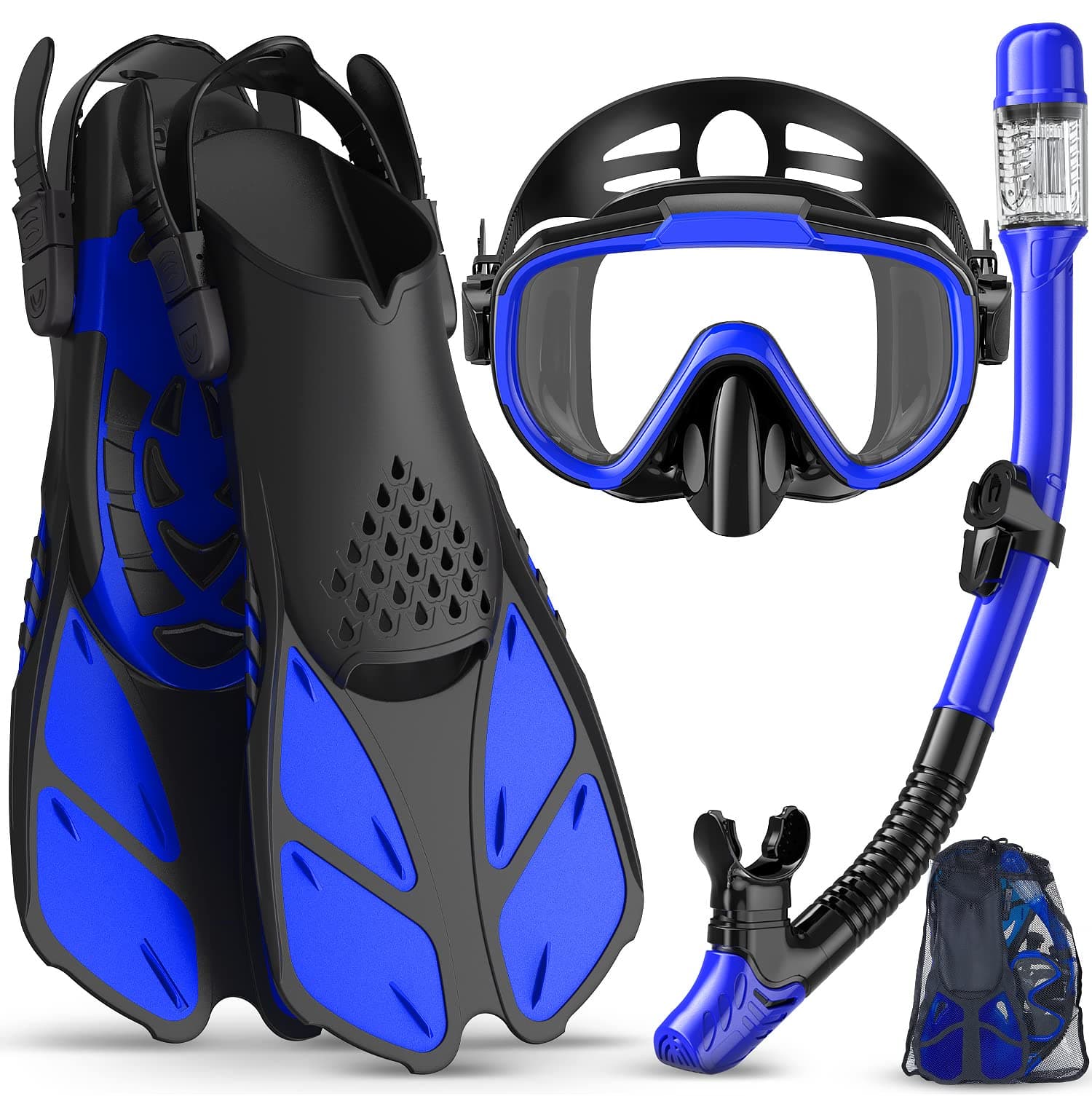 Snorkeling Gear for Adults Men Women,4 in 1 Snorkel Set with Panoramic View Diving Mask Anti-Fog Anti-Leak,Dry Top Snorkel,Fins and Travel Bag for Swimming,Snorkeling and Travel Diving
