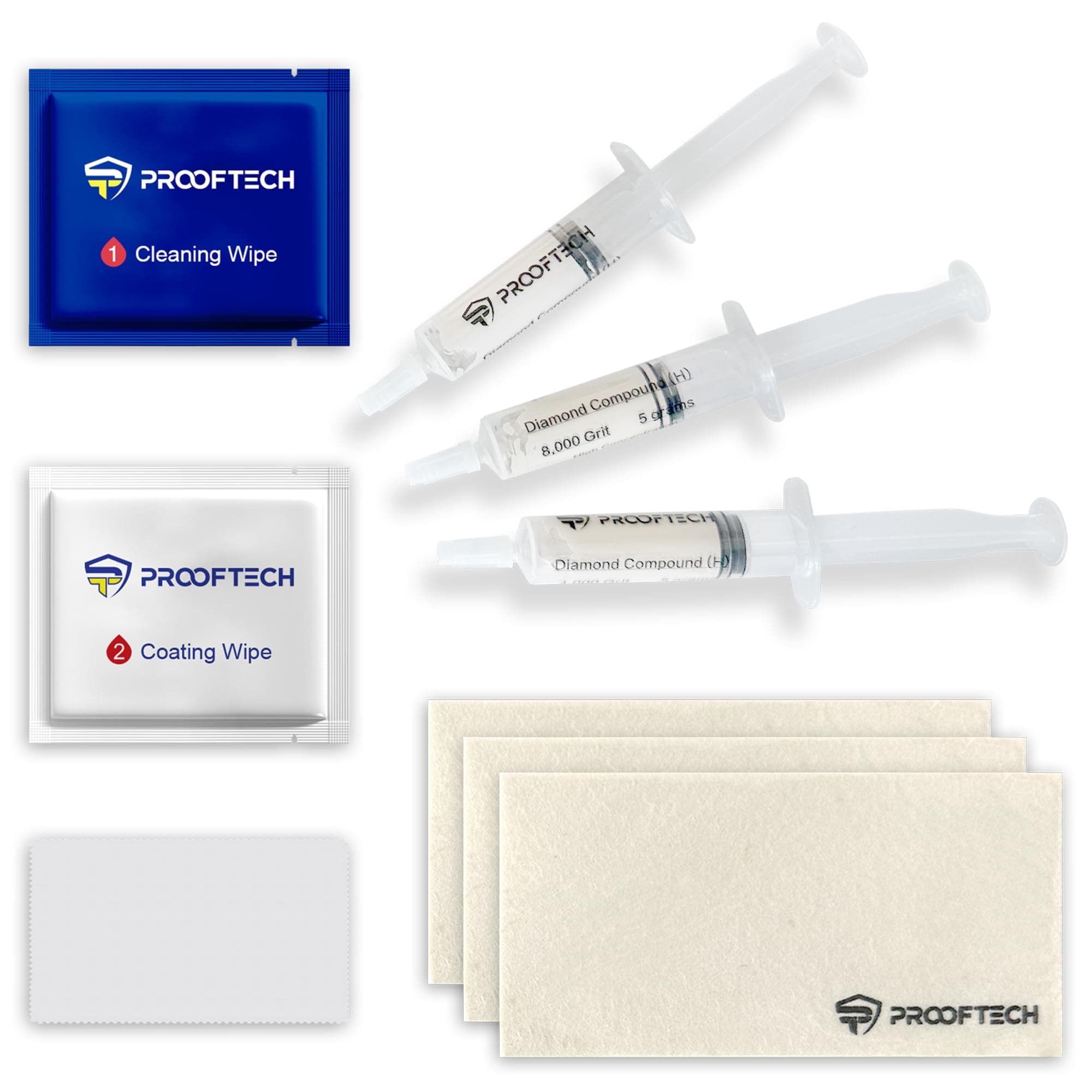 ProofTech Screen Scratch Remover Repair Kit for All Smartphones Tablets and Watches Complete Set of 3 Diamond Polishing Compounds and 3 Wool Cloths and Oleophobic Coating