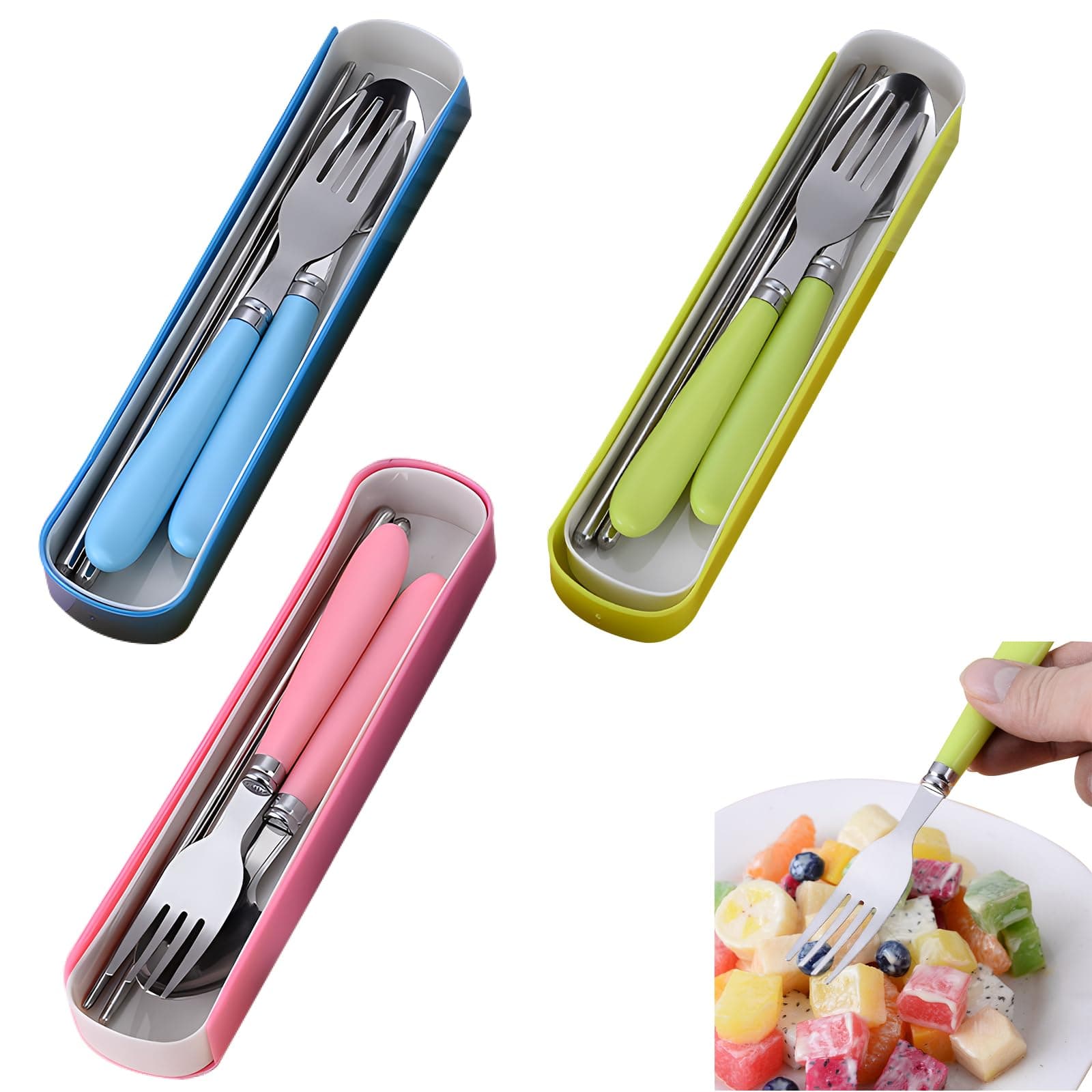 Big Bargain Store Toddler Utensils latware 3 Sets Stainless Steel Fork and Spoon Set Kid Safe Utensils with Portable Travel Case with Round Handle for LunchBoxwith Tableware Set