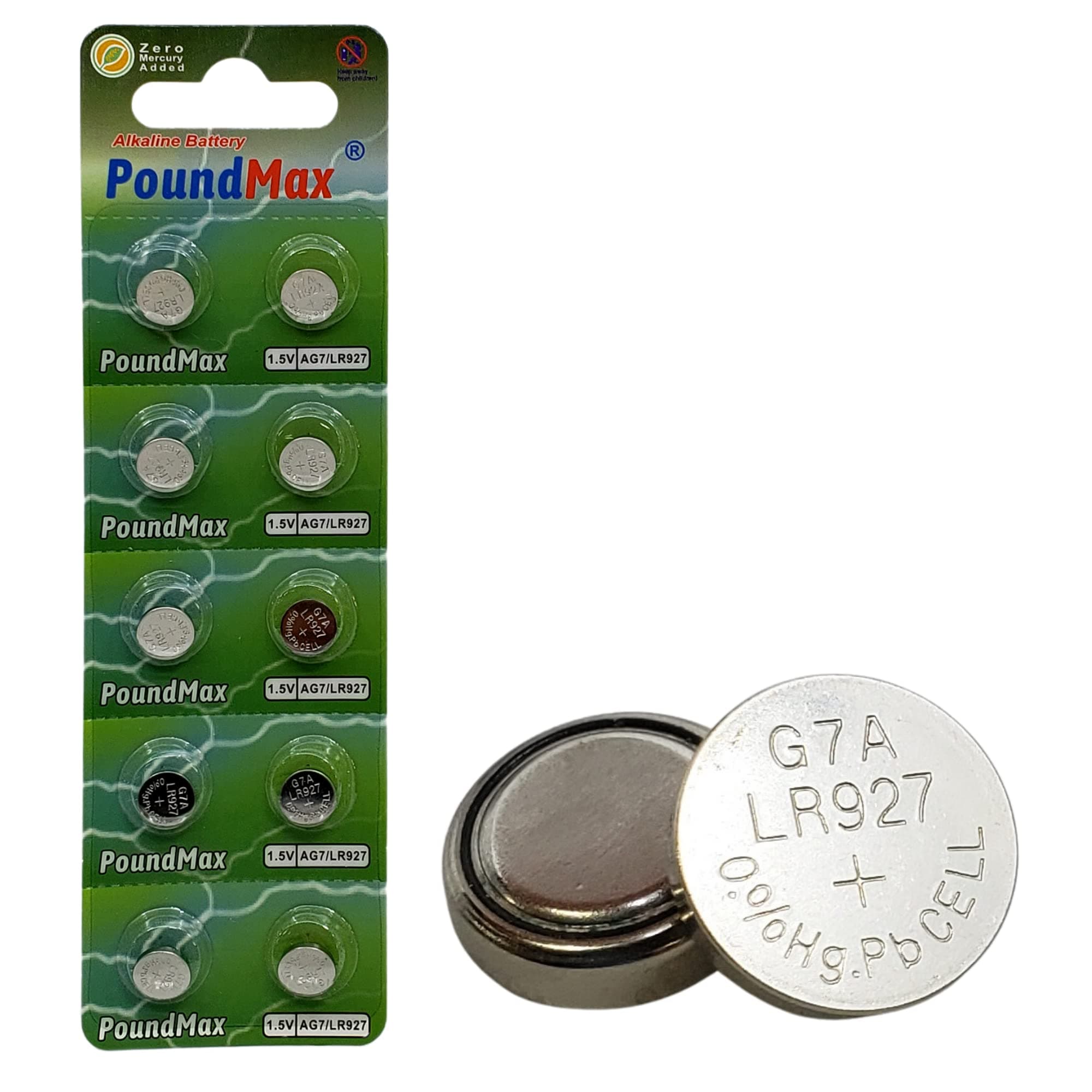 PoundMax 10x AG7 (LR57, LR927, 395) 1,5V - Alkaline Button Cell Batteries | 1x 10-Pack