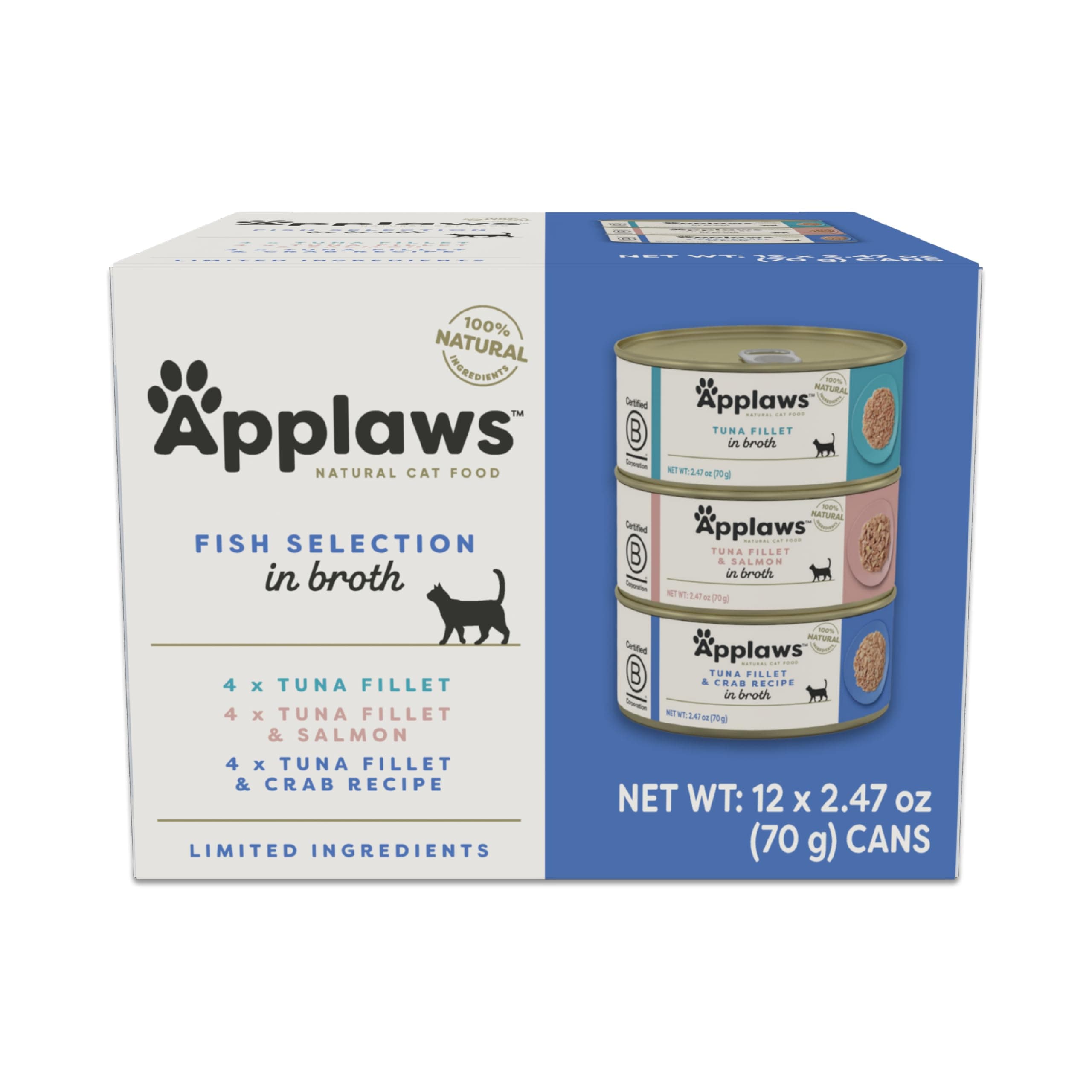 Applaws Natural Wet Canned Cat Food, Made with Limited and Natural Ingredients, Real Protein with No Artificial Additives, Fish Selection Variety Pack in Broth (12 x 2.47oz Cans)