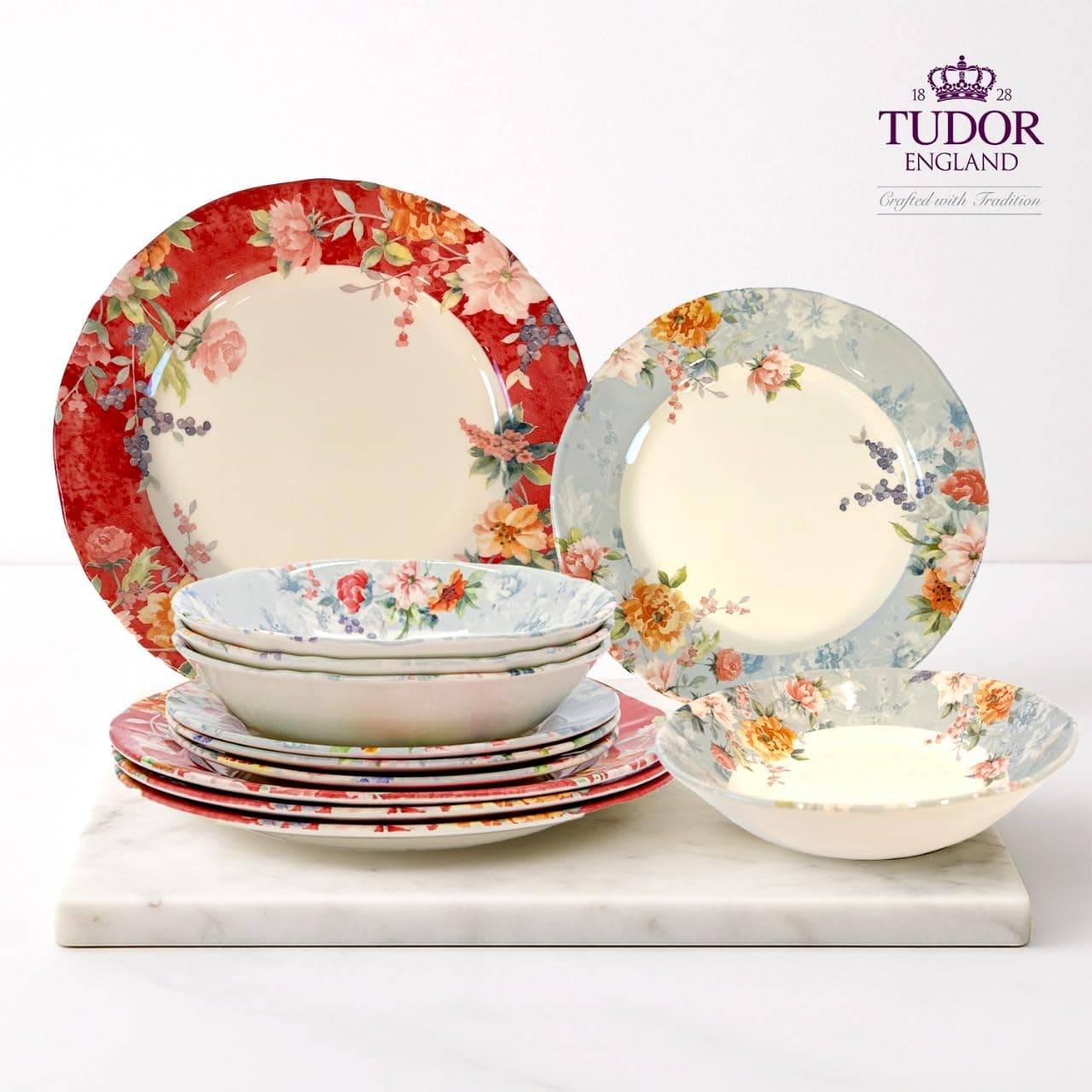 - TUDOR Royal Collection 12-Piece Round Porcelain Dinnerware Set, Service for 4 with Dinner Plates, Bowls, and Salad Plates, Crimson Summer Floral Unique Design, Gloss Finish, Durable & Premium Quality