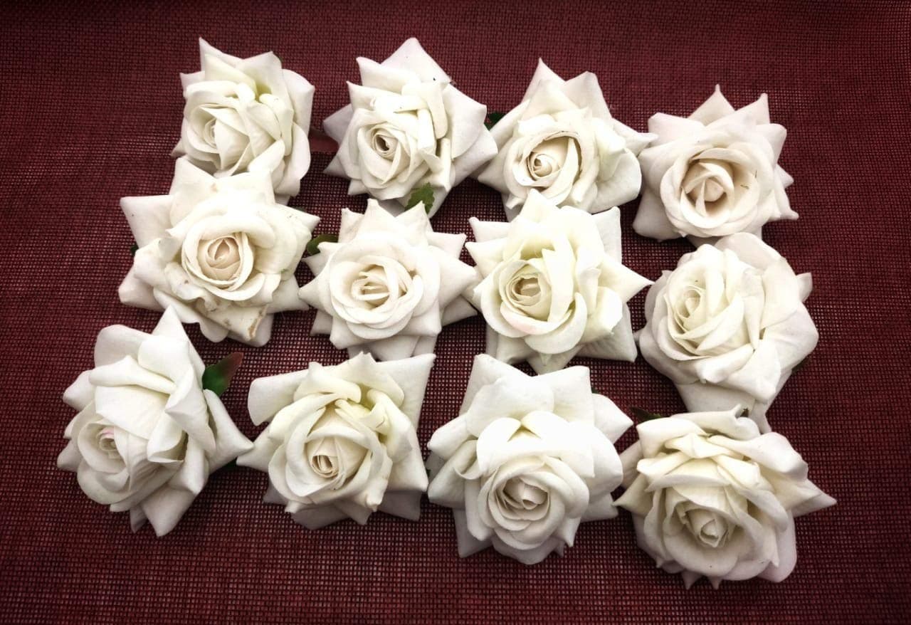 SATYAM KRAFT 12 Pcs Artificial Velvet Rose Flowers Perfect for Pooja thali, Fake Fabric Head Rose Flowers for Home Decor, Gift, Pooja Table, Bouquet Making,Christmas, Newyear Decoration(White,6 Cm)