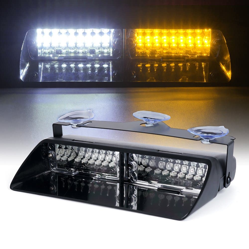 Xprite White & Amber Yellow 16 LED High Intensity LED Law Enforcement Emergency Hazard Warning Strobe Lights For Interior Roof/Dash/Windshield With Suction Cups