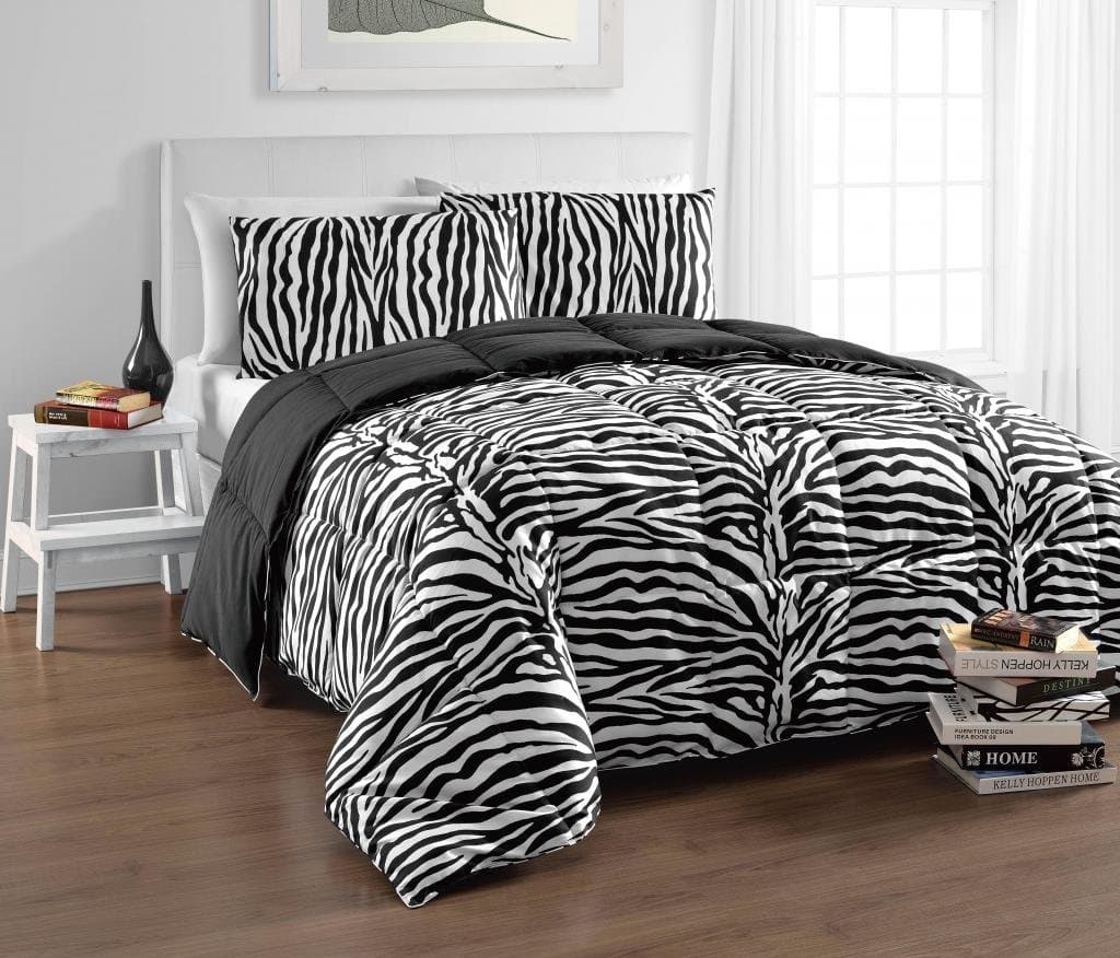 BH5024-Q Zebra Reversible Down Alternative Animal Print Comforter Set, Queen, Black/White