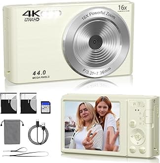 Compact Point and Shoot Camera Portable Digital Camera, FHD 1080P 44MP Digital Camera for Kids Video Camera with 64GB SD Card 16X Digital Zoom, for Kids Boys Girls Teens Students Seniors (Milk)