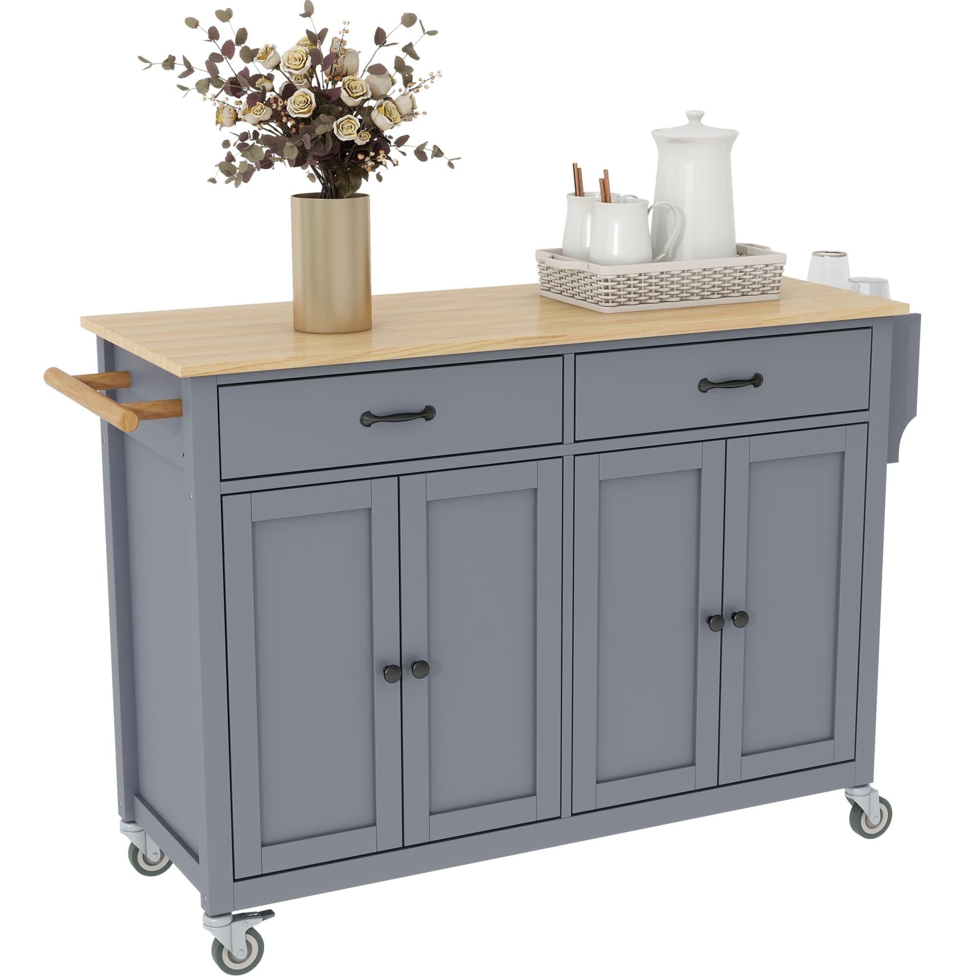 LUMISOL Rolling Kitchen Cart with 2 Drawers, Kitchen Island on Wheels with Solid Wood Top and Storage Cabinets, Portable Island for Dining Room Living Room, Grey Blue