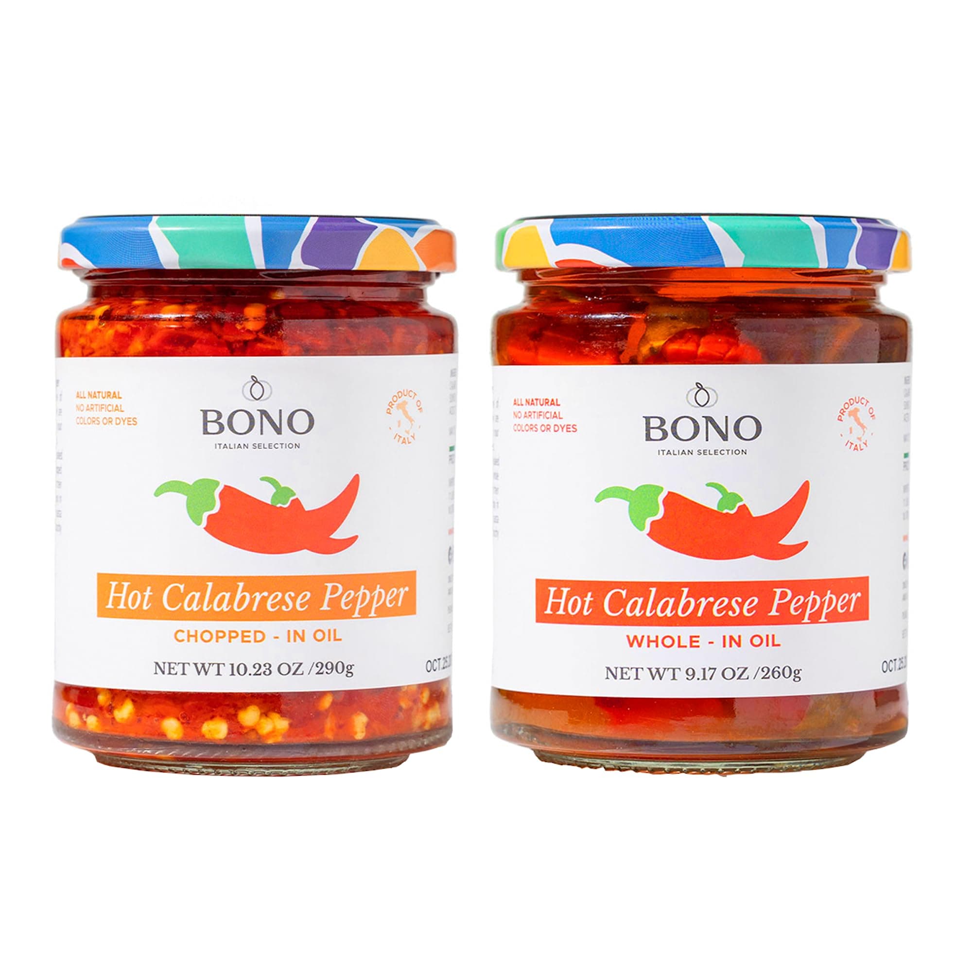 Bono Hot Calabrese Chili Pepper in Oil | Product of Italy | All Natural | No Artificial Colors or Dyes | Non-GMO Verified, (Pack of 2) (2 Pack, Variety)