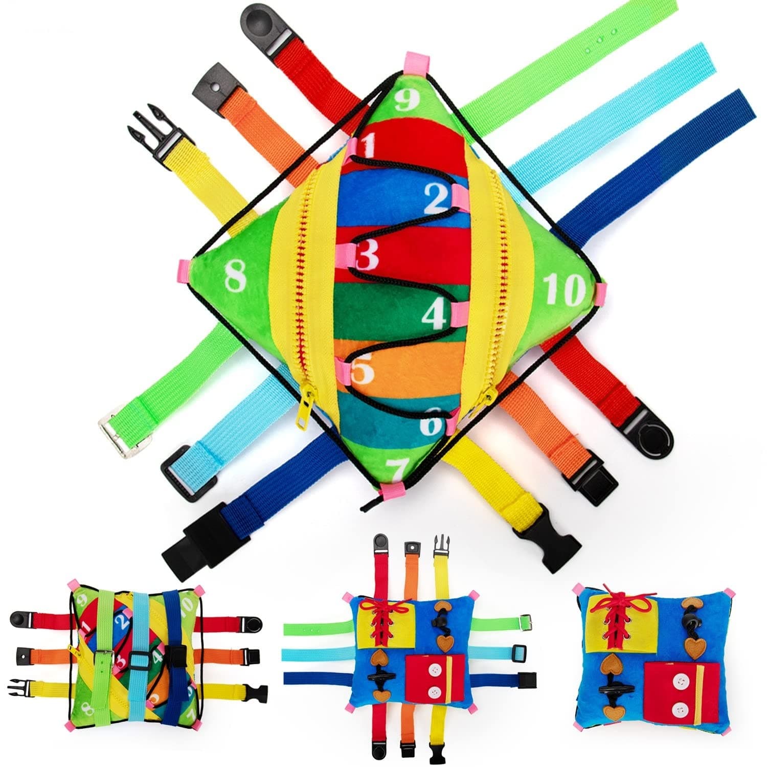 Sensory Pillow Buckle Pillow Toy, Travel Toys for Toddlers on Plane Buckle Toddler Toy Soft Stuffed Fidget Fat Brain Toys Early Development - Learn Number Colour, Develop Fine Motor Skill