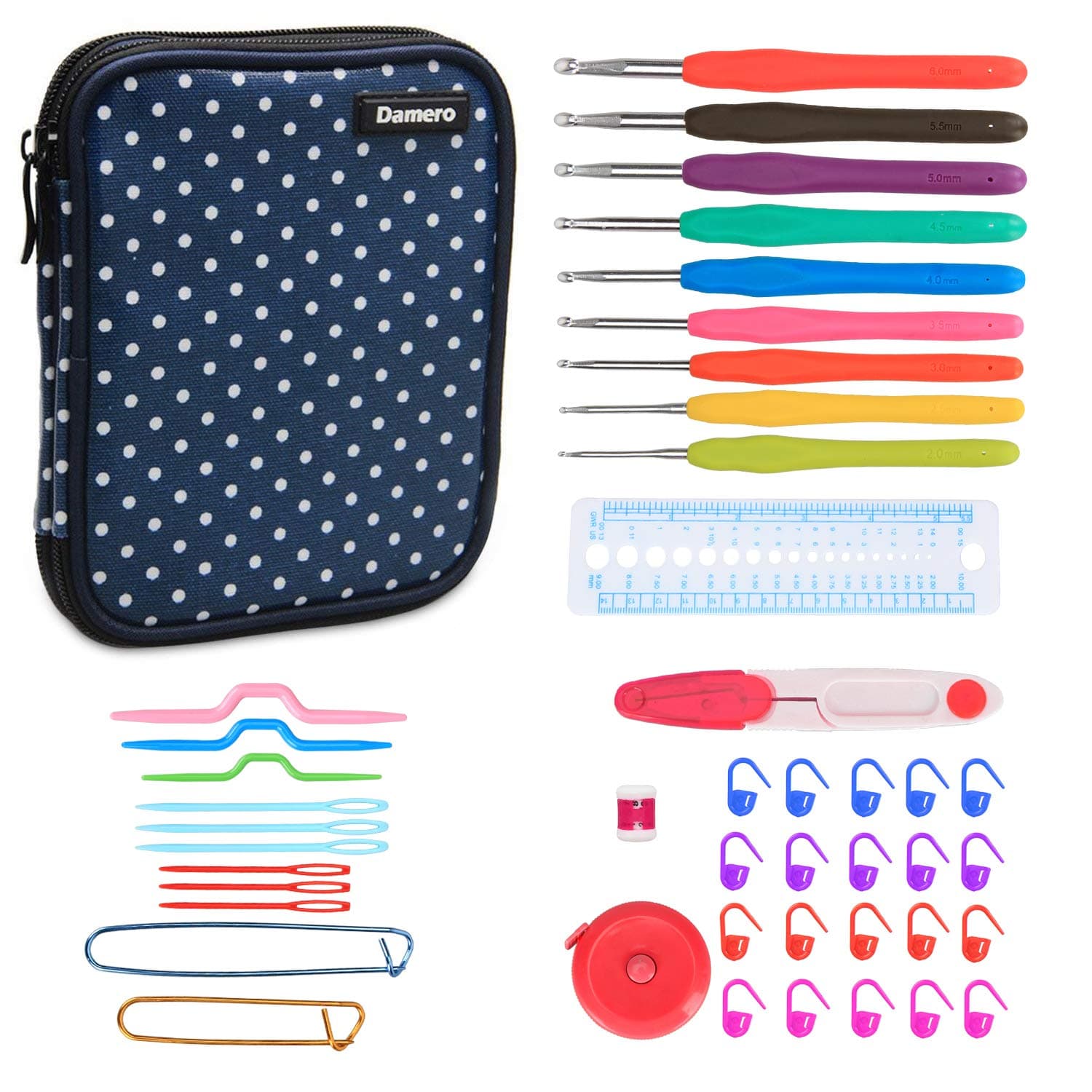 Damero Ergonomic Crochet Hooks Set, Travel Organizer Case with 9pcs 2mm to 6mm Soft Grip Crochet Hooks and Accessories, Compact and All in One, Perfect Size for Quick Grab-and-Go
