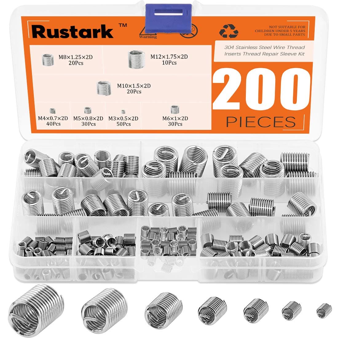 Rustark 200 Pcs Wire Thread Inserts kit 304 Stainless Steel Metric M3 M4 M5 M6 M8 M10 M12 Helicoil Kit Wire Screw Sleeve Thread Repair Kit