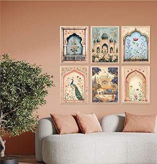 Traditional Madhubani Pichwai Art Framed Painting for Wall Decoration - Wall Paintings for Living Room, Bedroom,Hall, Big Size Wall Painting (10x13 Inch) Set of 6