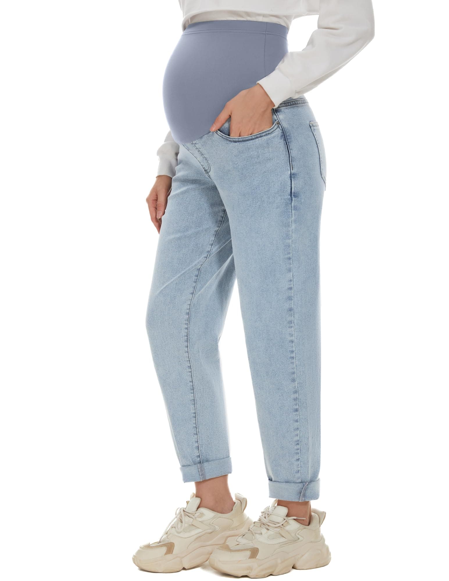 POSHGLAM Women's Maternity Boyfriend Jeans Over Belly Stretch Comfy Loose Casual Denim Pants with Pockets for Everyday Wear