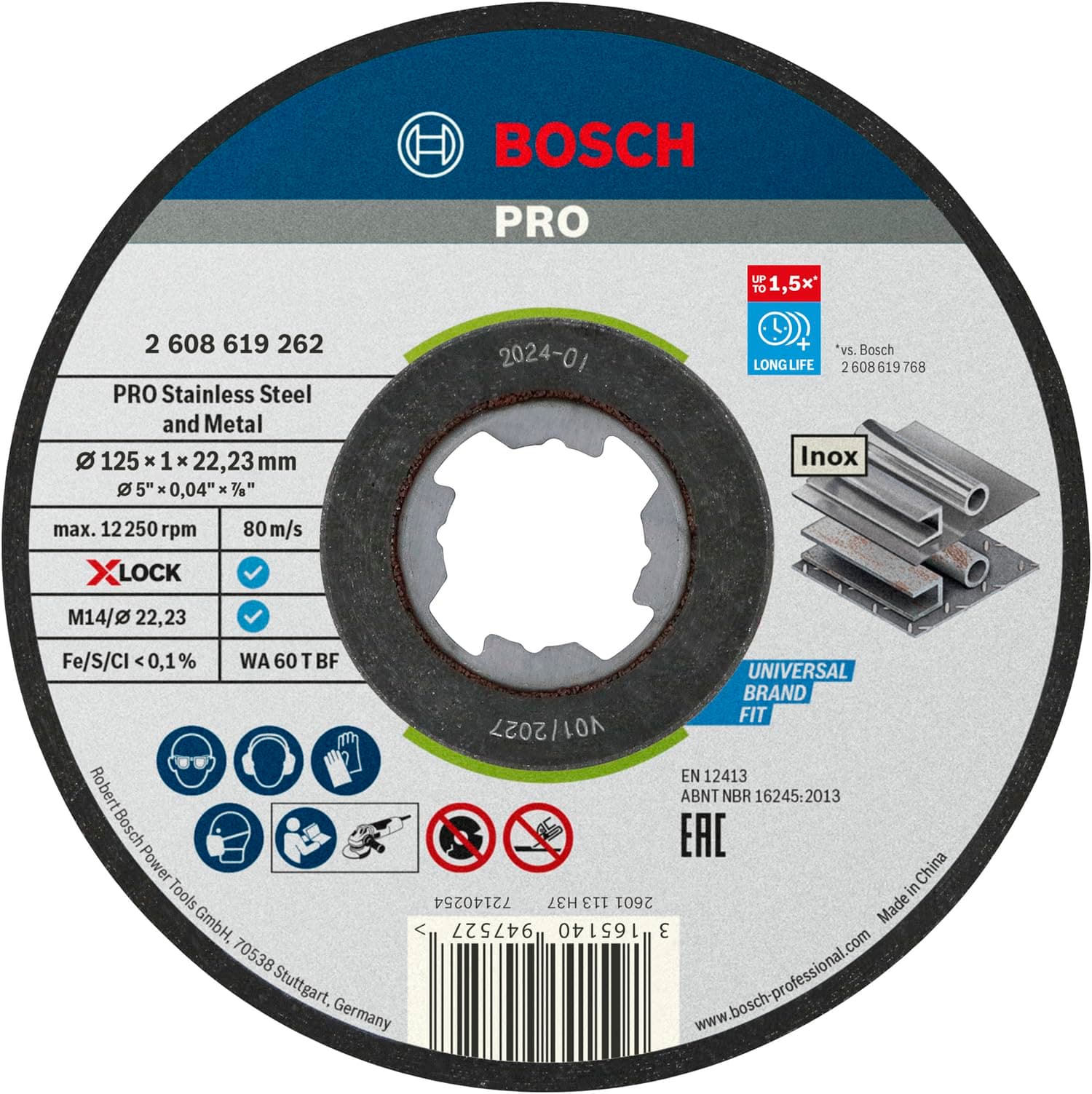 Bosch Professional 10x Straight Cutting Disc Standard (for Inox, Stainless Steel, X-LOCK, Ø 125 mm, Bore Ø 22.23 mm, Thickness 1 mm, Accessories for Angle Grinders) (Packaging May Vary)