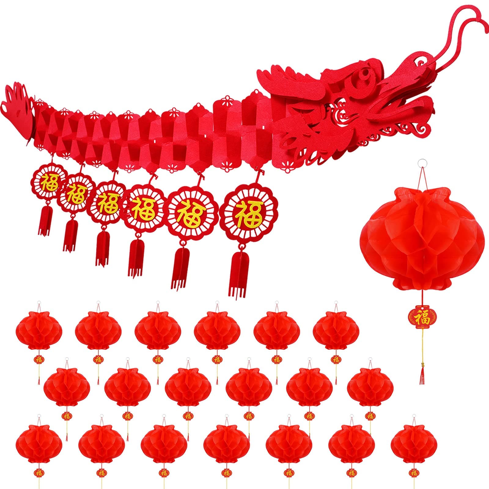 Whaline 3D Chinese New Year Dragon Ceiling Decorations 21Pcs Spring Festival Dragon Garland with Paper Lanterns Hanging Decoration for Lunar New Year Lantern Festival Party Restaurant Supplies