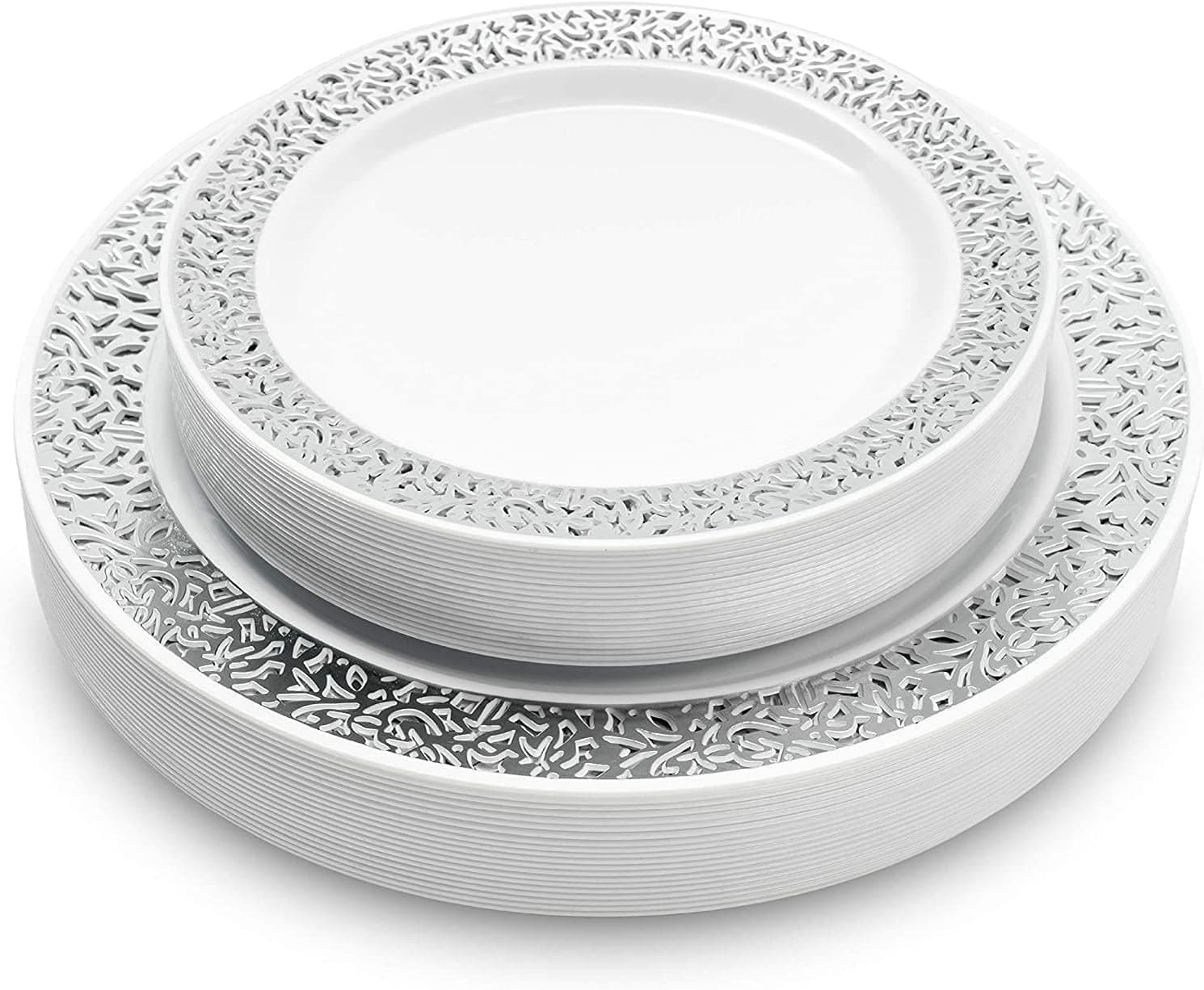 MATANA 40 Premium White Plastic Plates with Silver Lace Rim - 20 26cm Dinner Plates, 20 19cm Dessert Plates - Elegant & Reusable Party Tableware for Weddings, Birthdays, BBQ, Parties