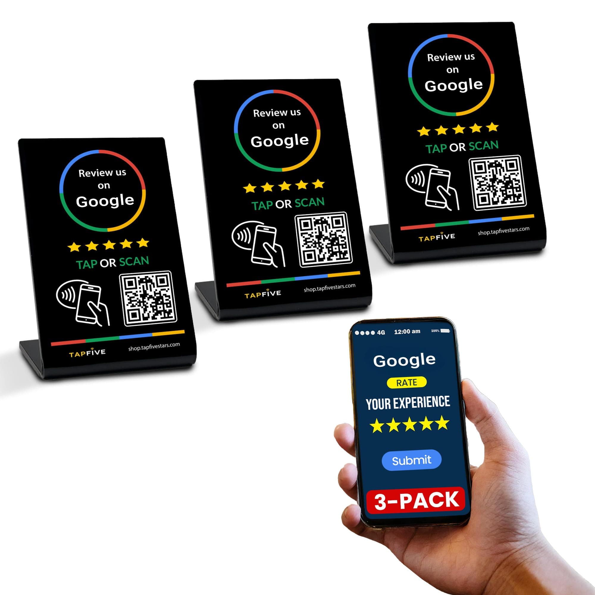 Tap Google Review Stands (3-Pack) - Tap for Instant Reviews - All Phones Compatible - Reusable Smart Tap NFC & QR - Boost Business Reviews Zappy Fast - Powered (Black, 3 Stands)