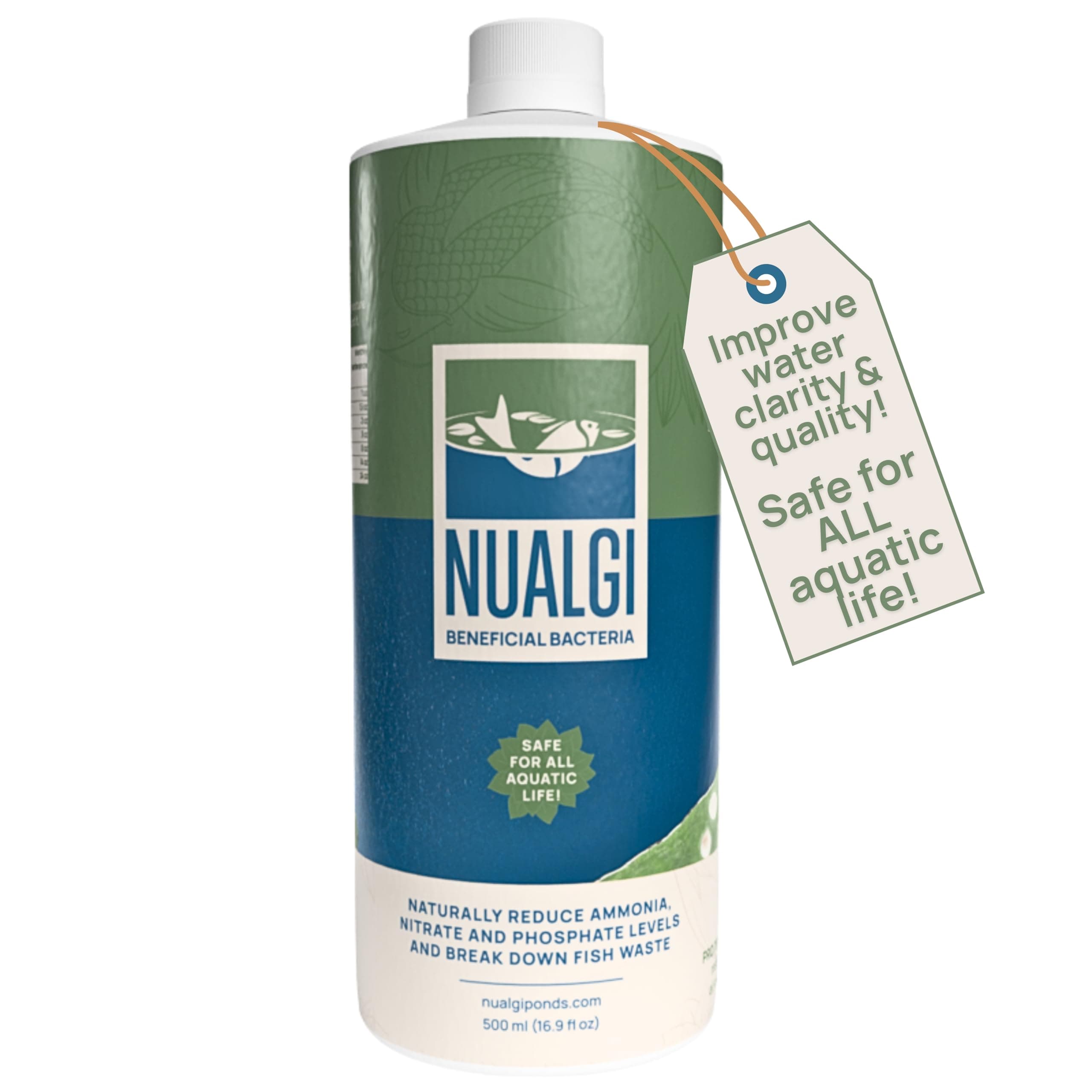 Nualgi Beneficial Bacteria, 16.9 oz Enzyme Bacteria for Freshwater & Organic Ponds, Starter Bacteria for Outdoor Water Gardens, Natural Pond Stabilizer for Fish, Pets & All Aquatic Life