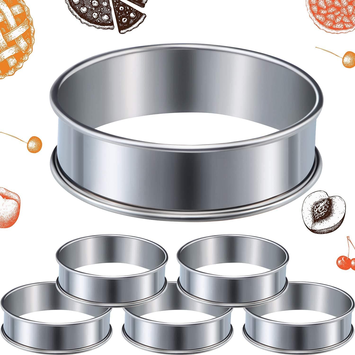 DELFINO 6 Pieces Muffin Tart Rings Double Rolled Tart Ring Stainless Steel Muffin Rings Metal Mousse Cake Pancake Ring Pastry Round Ring Mould for Home Food Making Cooking Baking Tool, 3.15 Inch