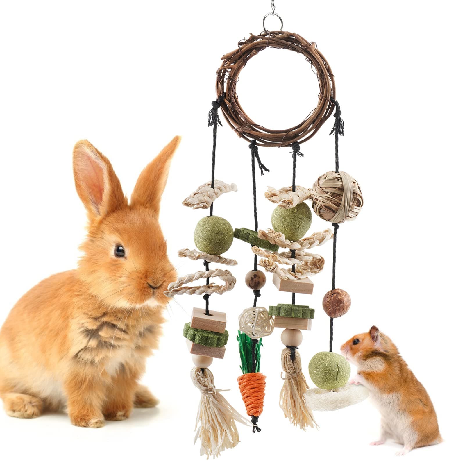 Bissap Bunny Chew Toy, Rabbits Cage Hanging Chew Toys Accessories, ​Rattan Ring with Snacks for Guinea Pigs hillas Hamsters Rats and Other Small Pets Teeth Grinding
