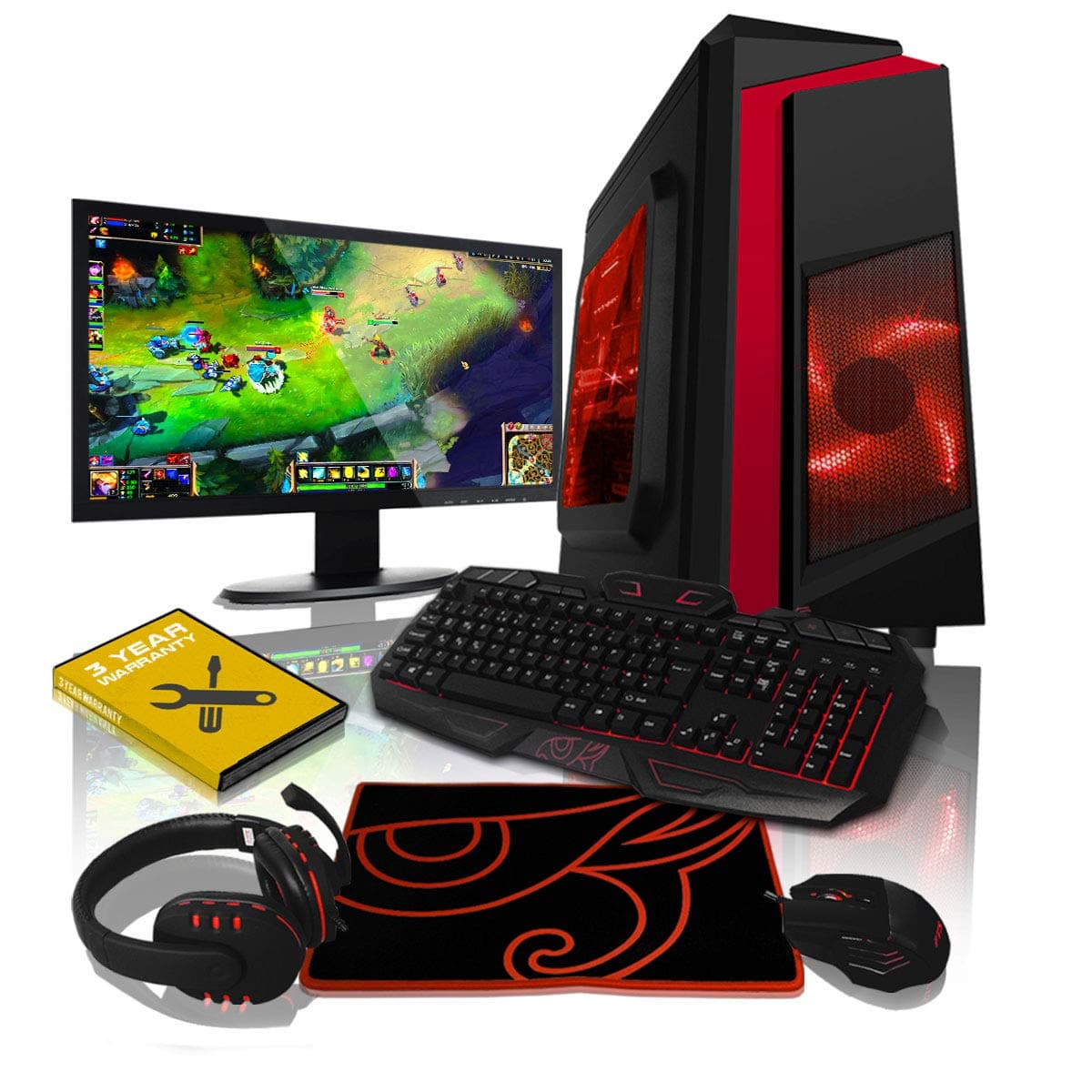 ADMI GAMING PC PACKAGE:, AMD Dual Core 200GE Vega 3 Graphics, 1TB Hard Drive, 8GB DDR4 RAM, 300MBps Wifi, No Operating System - 24" LED Monitor with Illuminated Keyboard Mouse and Headset