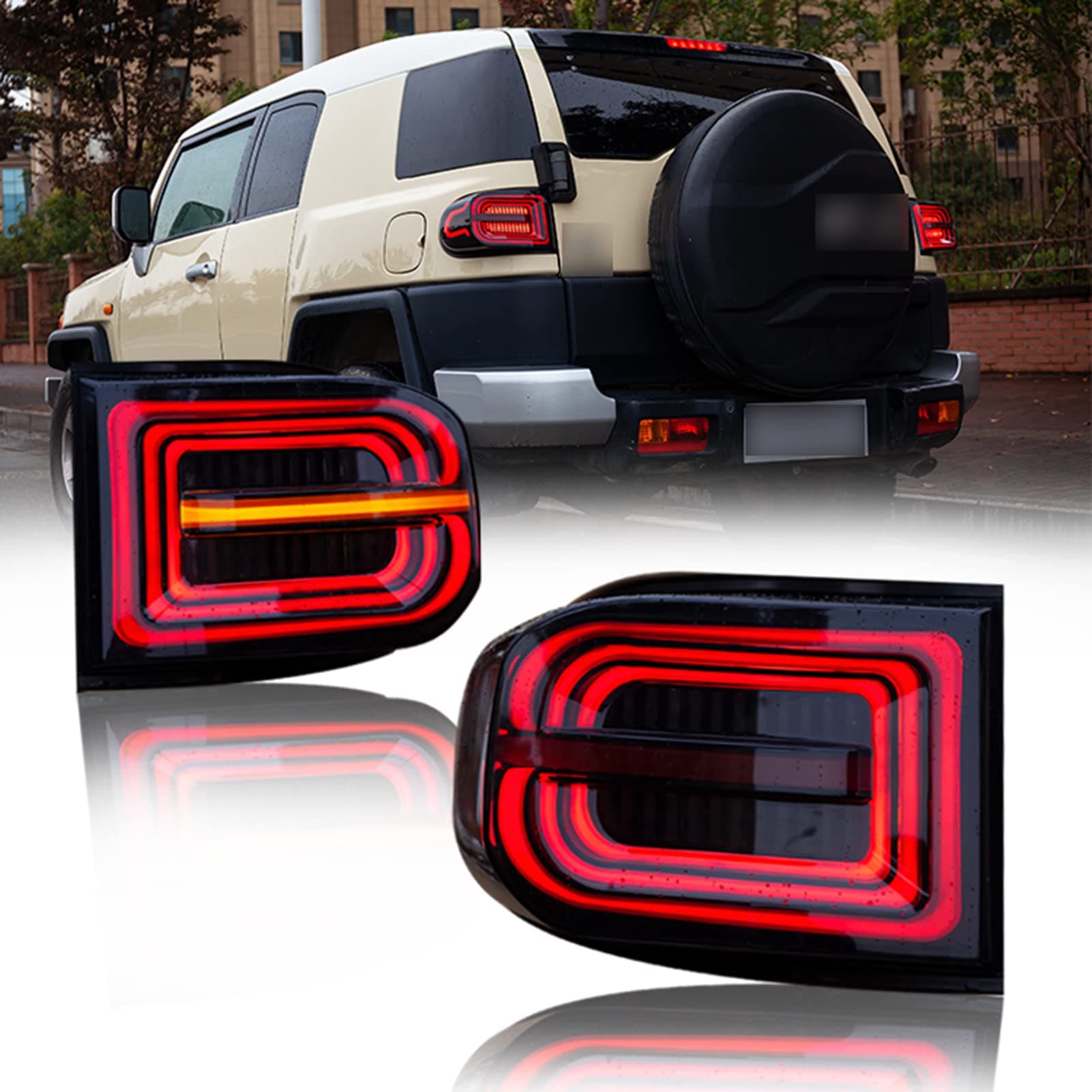 Tail Lights for Toyota FJ Cruiser 2007-2017 LED DRL Car Taillights Assembly Signal Auto Accessories Modified Lamp Start-up Animation Sequential Indicator Rear Lamp Assembly (Black)