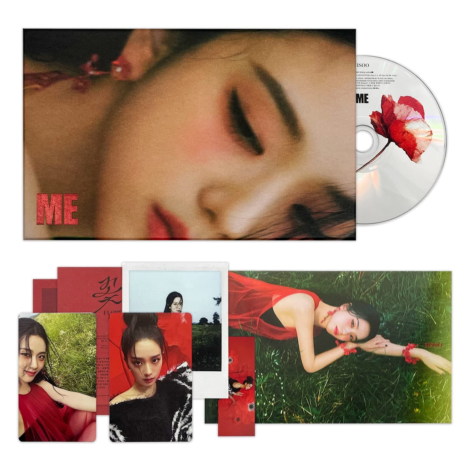 JISOO OF BLACKPINK - First Single Album [ME] (Red Ver.) Photobook + CD + Selfie Photocard + Polaroid + Lyrics Paper + Bookmark + Selfie Photocard + Double-Sided Poster + 2 Extra Photocards