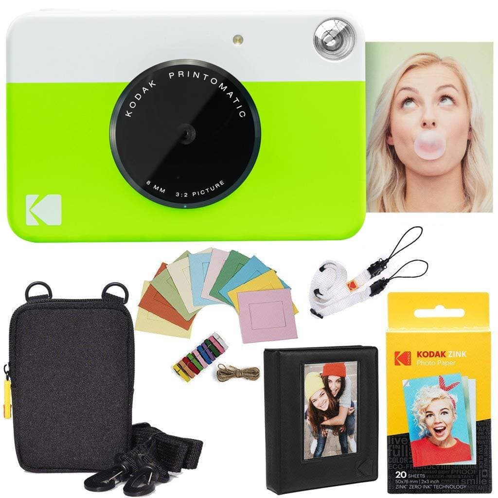 Printomatic Instant Camera Bundle (Green) Zink Paper (20 Sheets) - Case - Photo Album - Hanging Frames.