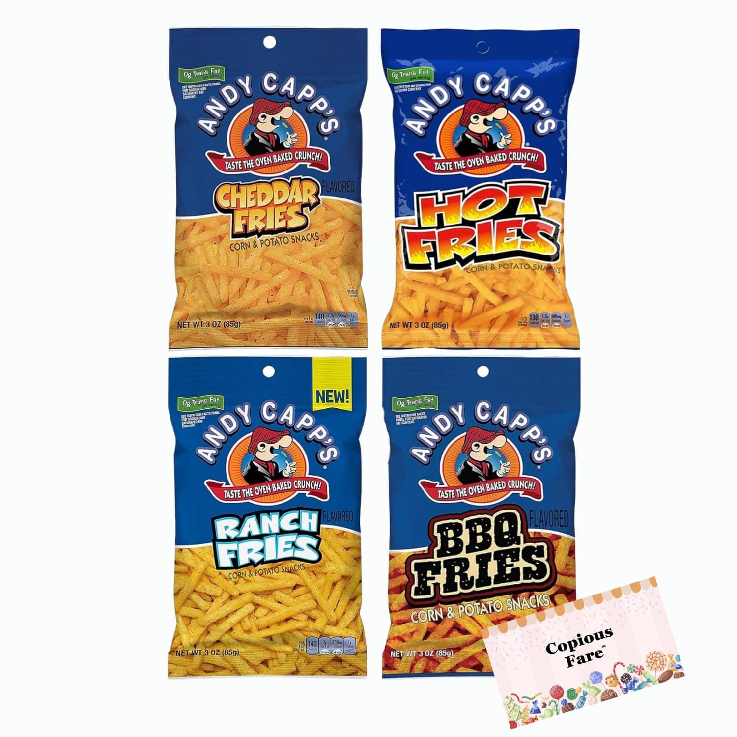 COPIOUS FARE Andy Capp’s Pack of 4 Corn and Potato Snack Assorted - Hot Fries, Cheddar Fries, BBQ Fries, and Ranch Fries Flavors 3 oz each - bundle with Card