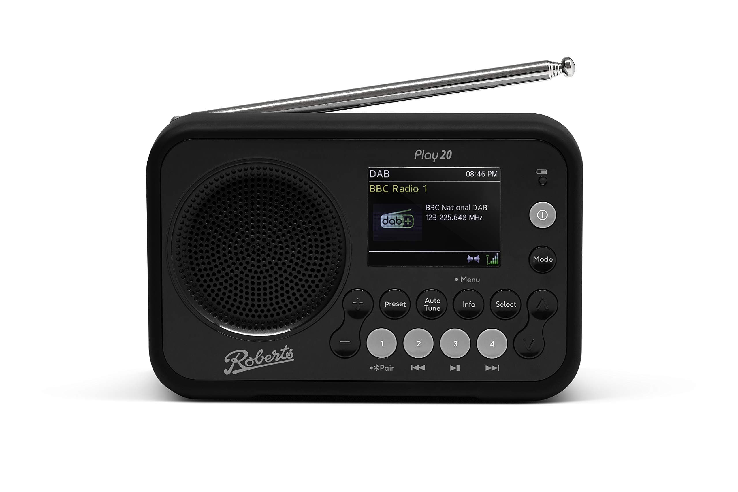 Roberts Radio PLAY20 Compact and Portable DAB/DAB+/FM Digital Rubber-Protected, Full Colour Screen, Black