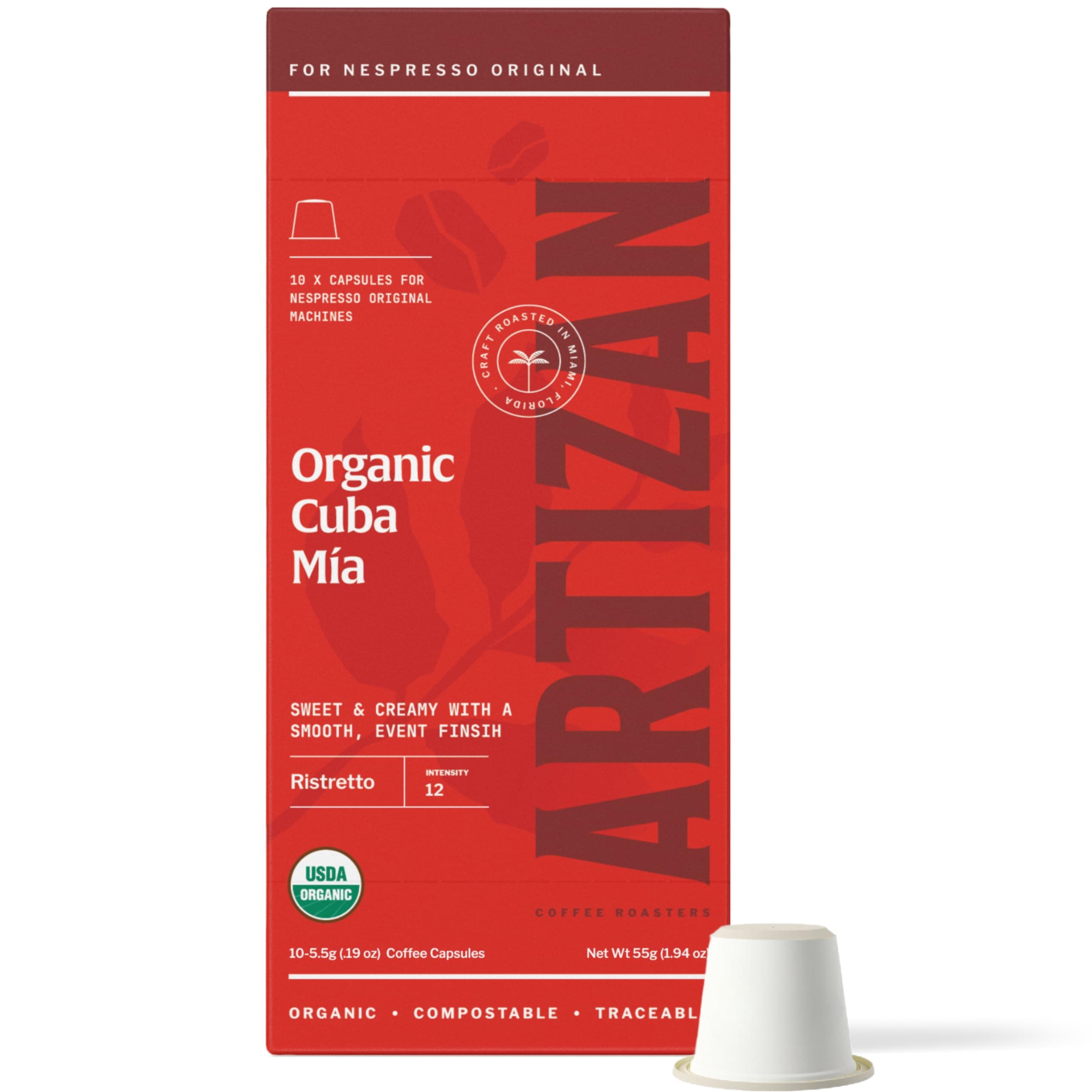 Artizan Coffee USDA Organic Espresso Coffee Capsules For Nespresso Original | Cuba Mia | 120 Compatible Compostable Pods