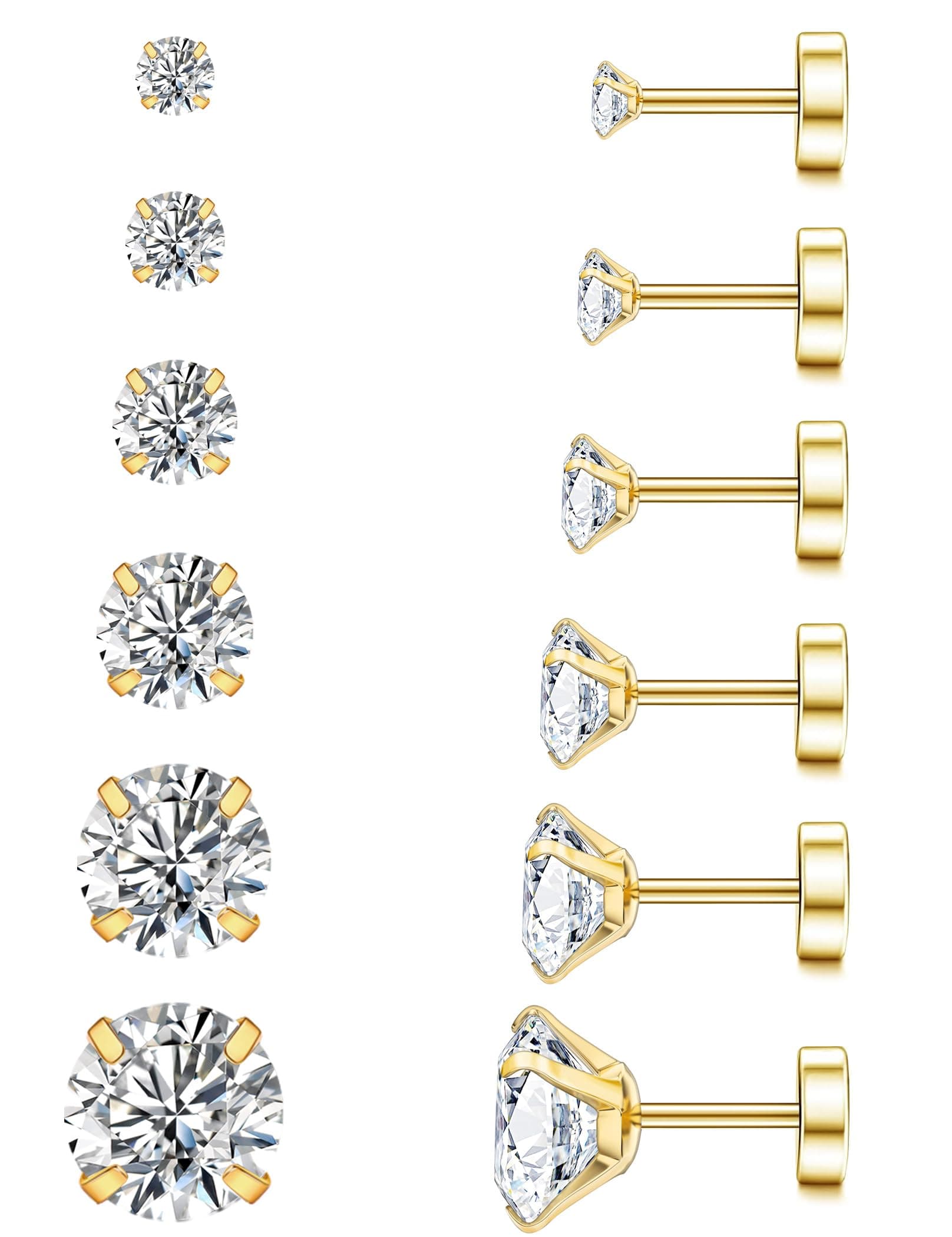 20G Hypoallergenic Flat Back Earrings for Women Men Silver 14K Gold Stainless Steel Stud Earrings Brithstone Cubic Zirconia Studs Surgical Steel Cartilage Earrings for Sensitive Ears