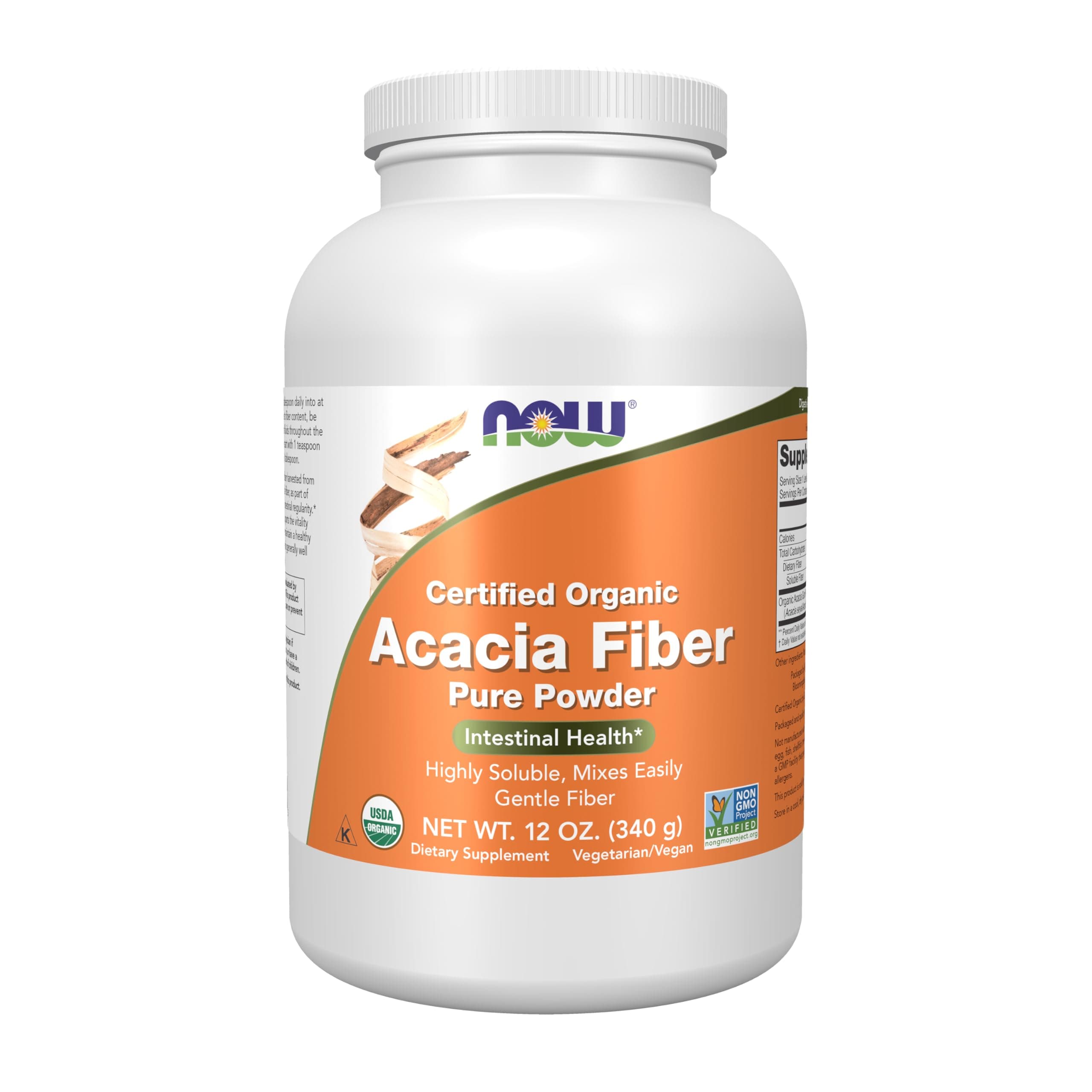 NOW Supplements, Acacia Fiber Powder, Certified Organic, Highly Soluble, Mixes Instantly, Intestinal Health*, 12-Ounce
