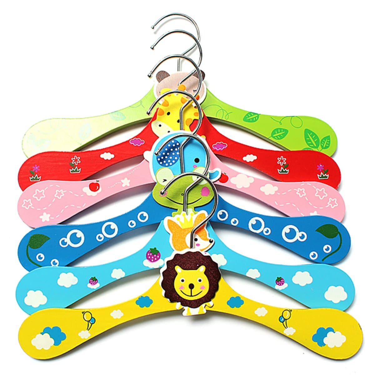 KINGSO 6pcs Baby Child Coat Clothes Cartoon Animals Wooden Hook Hanger Rack Assorted Color