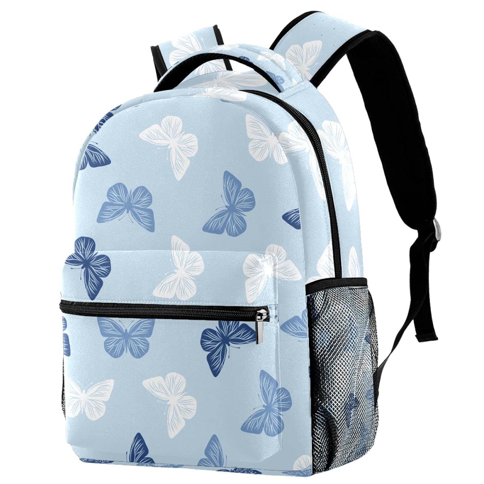 NiaocpwySchool Backpacks Blue Pattern Butterflies Elementary Students Bookbags With Water Bottle Pocket
