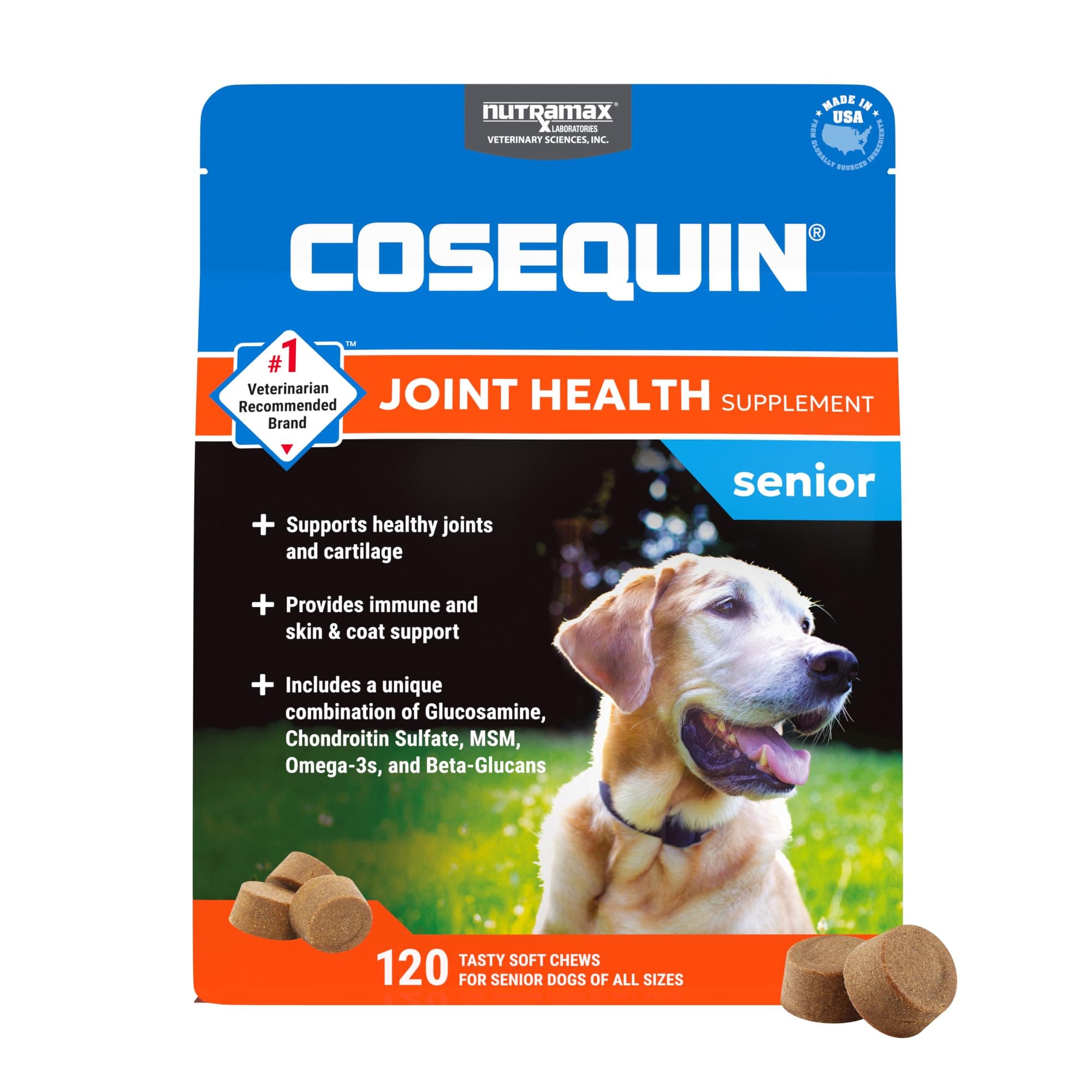 Cosequin Senior Joint Health Supplement for Senior Dogs - with Glucosamine, Chondroitin, Omega-3 for Skin and Coat Health and Beta Glucans for Immune Support, 120 Soft Chews