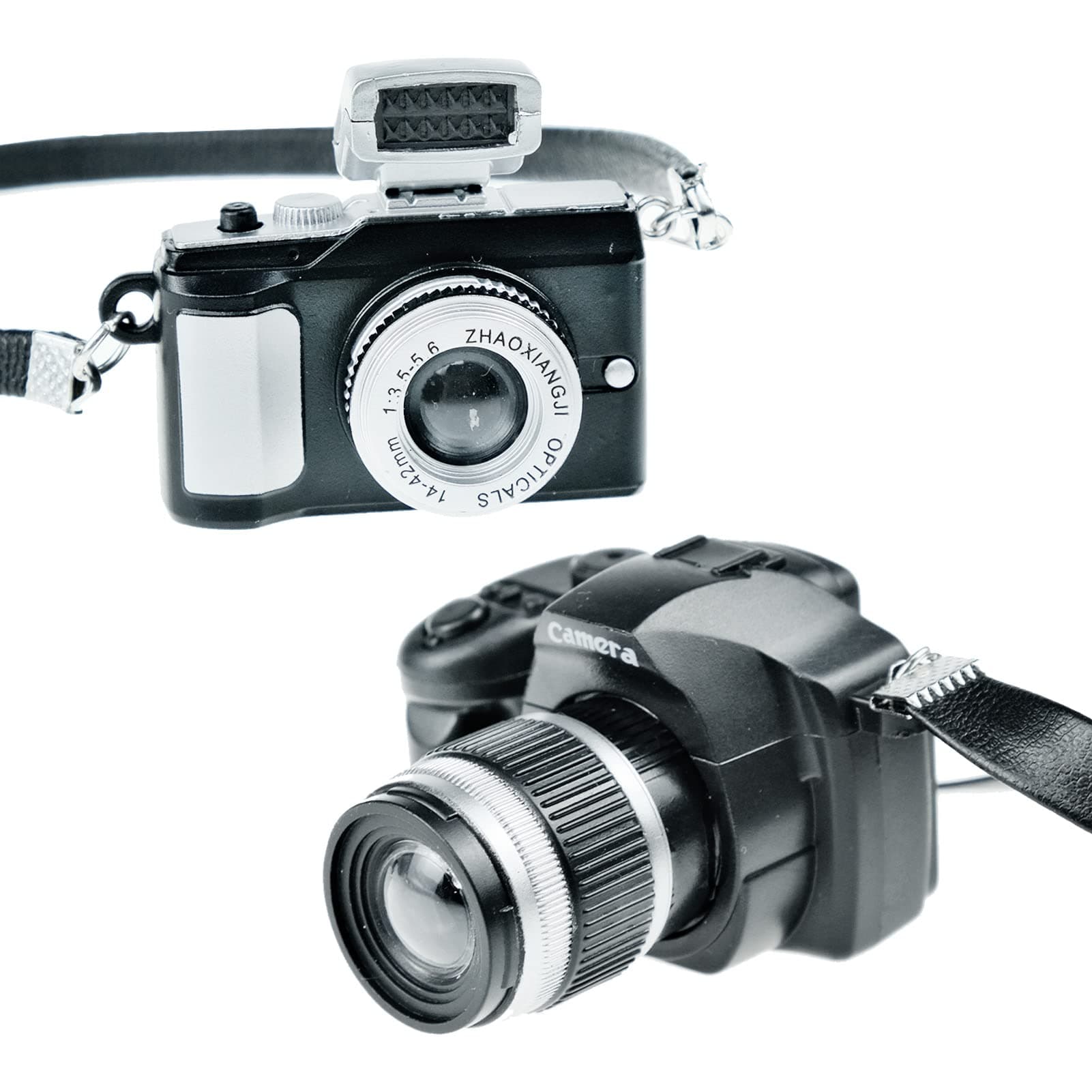 inheming 2Pcs Mini Camera for Dolls, 1:4 Scale Vintage Miniature SLR Camera Ornament with Flash and Shutter Sound, Black Plastic Dollhouse Decoration Accessories