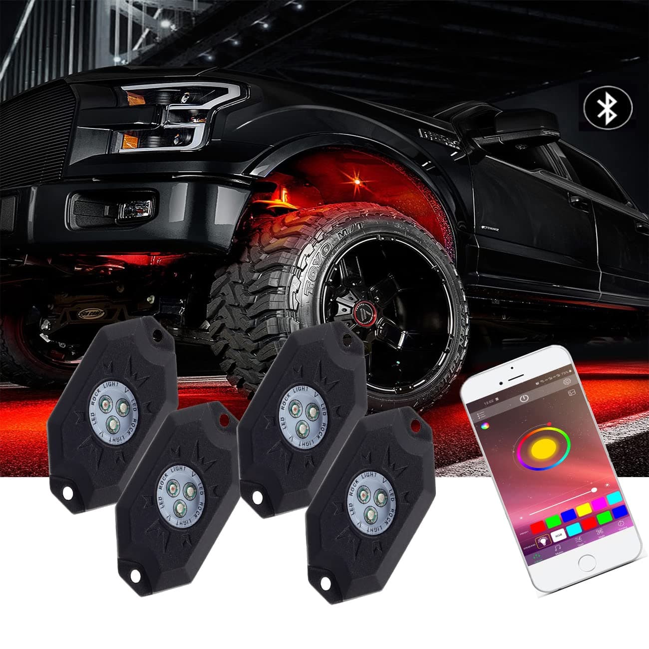 RGB Rock Light Mushan 4-Pod LED Underglow Light Vehicle Decor Neon Light Bluetooth Control for SUV,ATV,UTV,Off Road, Truck,Boat,Yacht