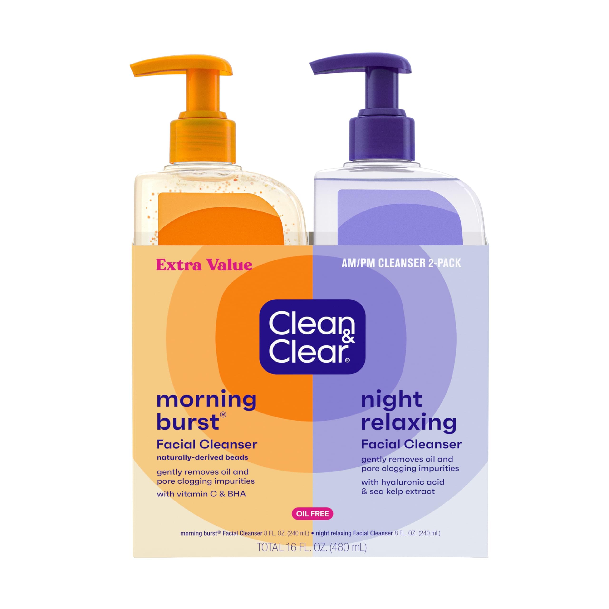 Clean & Clear Citrus Morning Face Wash & Relax Night Facial Cleanser, Oil-Free & Hypoallergenic Day & Night Face Wash 2 Pack