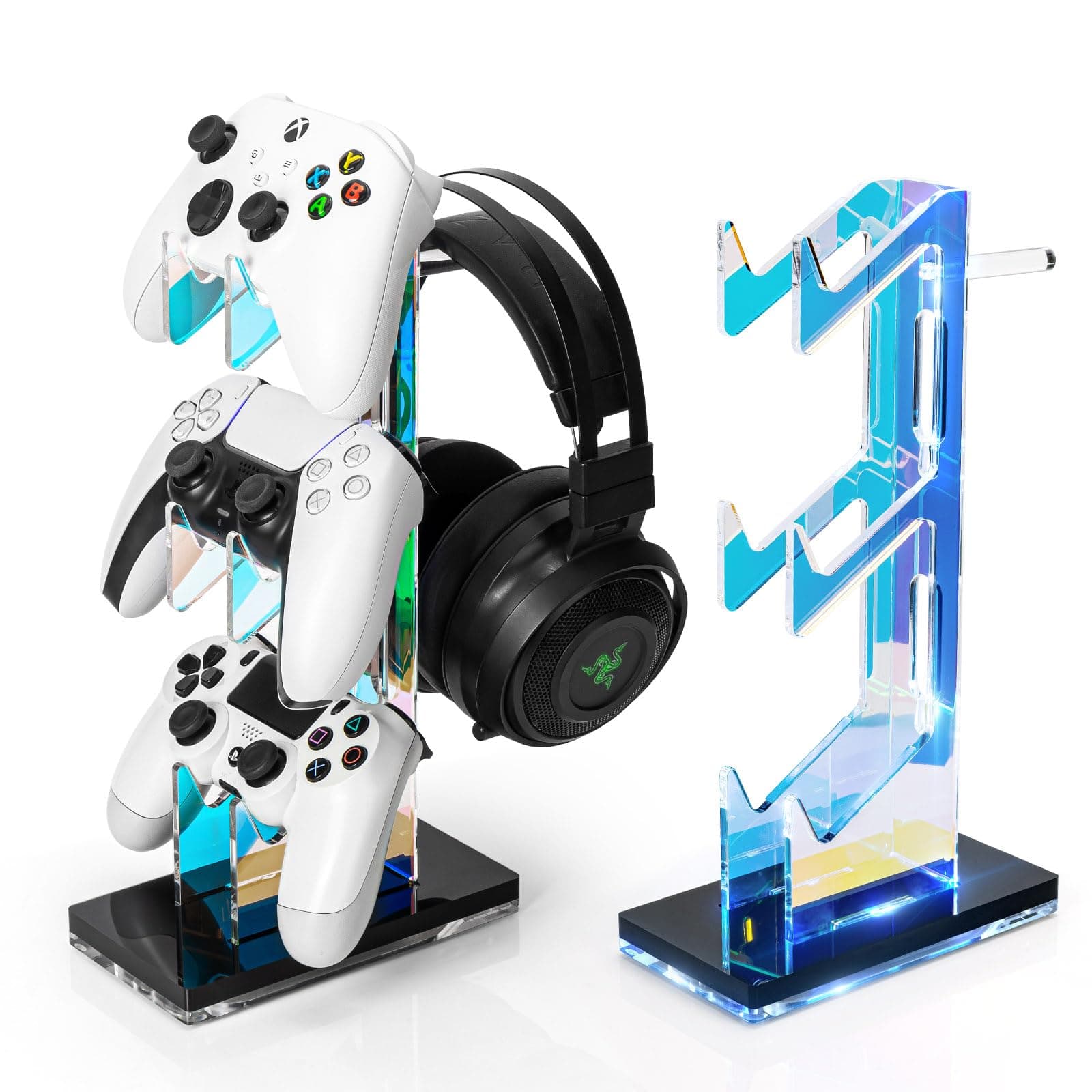 OAPRIRE Controller Holder Headset Stand with Lights, 3 Tier Acrylic Gaming Controller Stand Compatible with PS4, PS5, PC, Switch, Universal Design (Black)