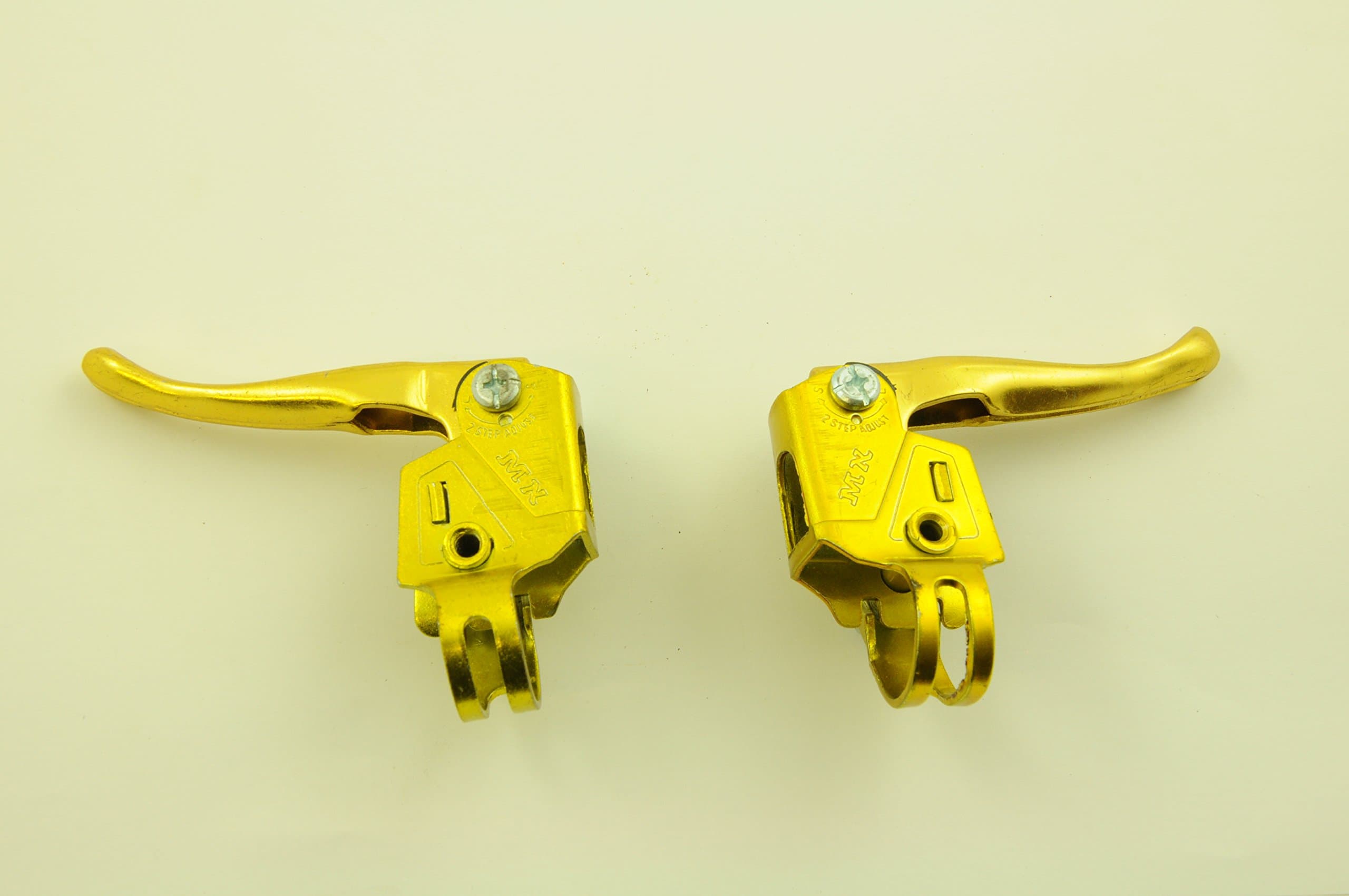 PAIR GENUINE 80’S MADE OLD SCHOOL BMX MX, 2 FINGER BRAKE LEVERS GOLD NEW OLD STOCK NOS IDEAL RALEIGH BURNER MONGOOSE SCHWINN Etc
