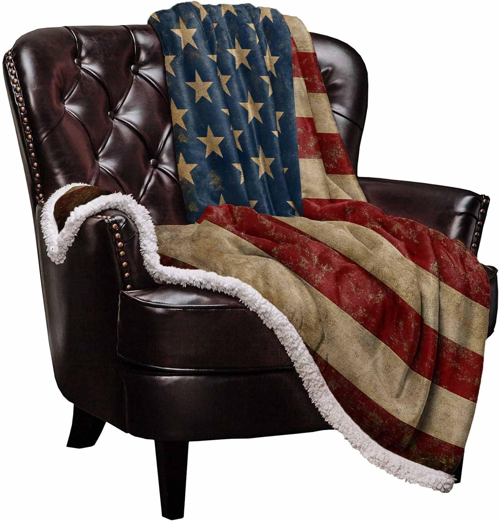 US Flag Sherpa Fleece Blanket, Super Thick & Warm, 60"x80", Vintage American Flag Theme, Polyester/Sherpa Fleece Blend, Throw Blanket, Unisex, American Flag Color