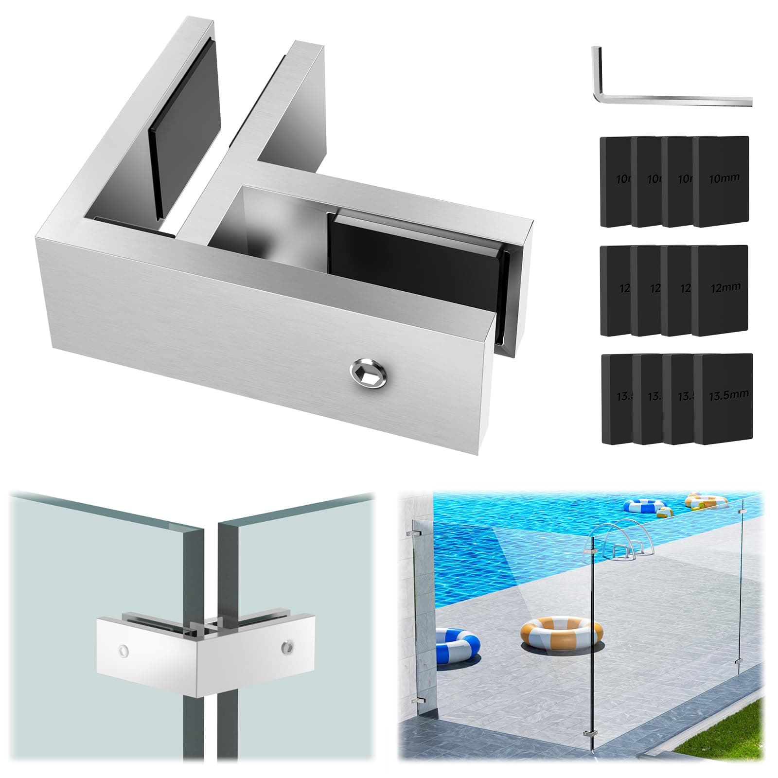Gyykzz 1 Pack T316 Marine Grade Railing Glass to Glass Clamp, Stainless Steel Bracket for Balustrade, 90 Degree Brushed Finish Railing Clip Holder for Pool Fence, Balustrade, Balcony Deck