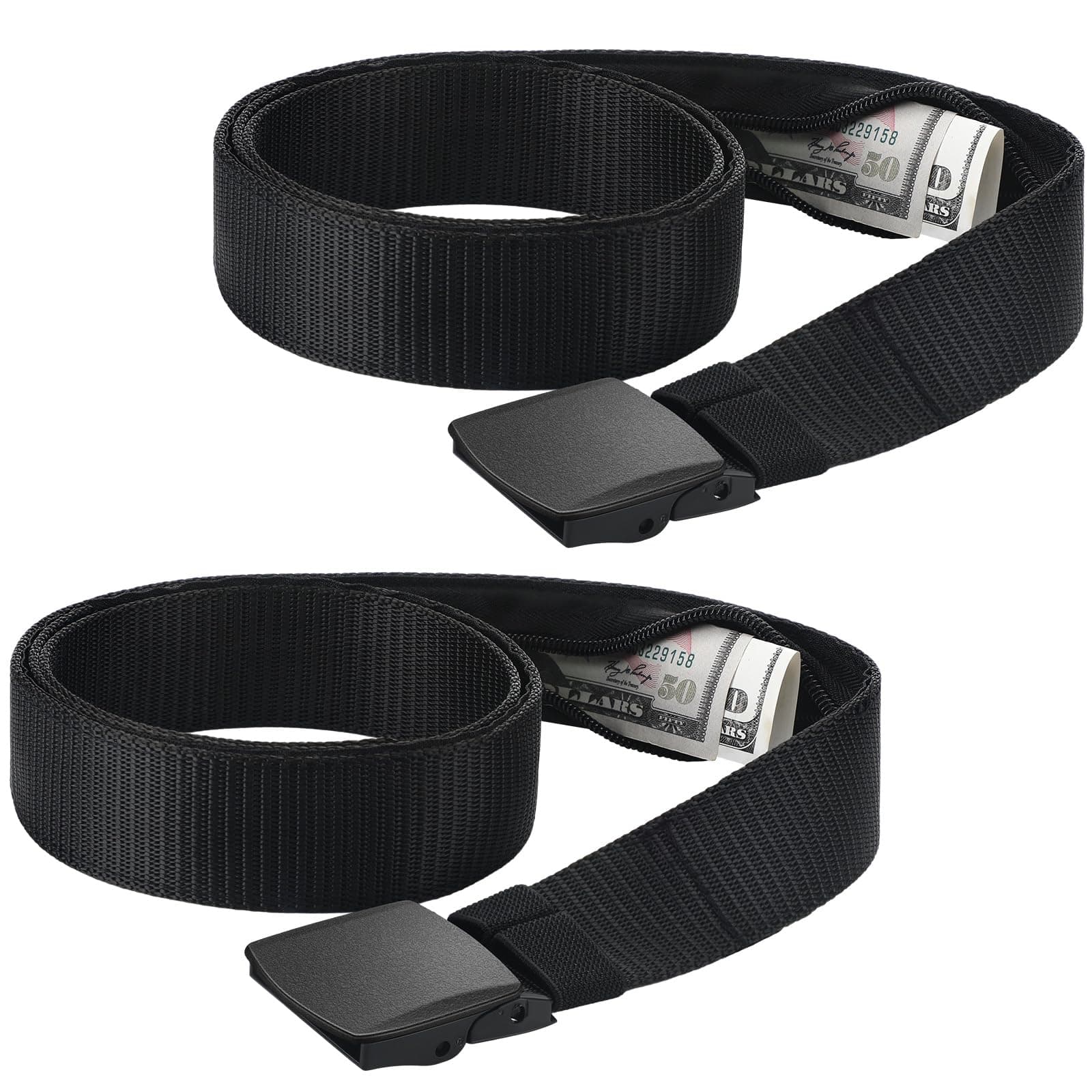 Cozypower2 Pcs Hidden Money Belt for Travel Hidden Pockets Under Clothes Security Money Wallet Nylon Security Cash Safe Anti Theft Tactical Belt with Pouch, Black, about 51.18 inches
